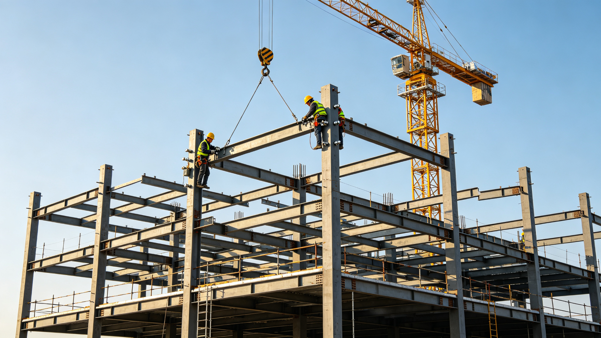Steel frame under erection, workers bolting beams and columns