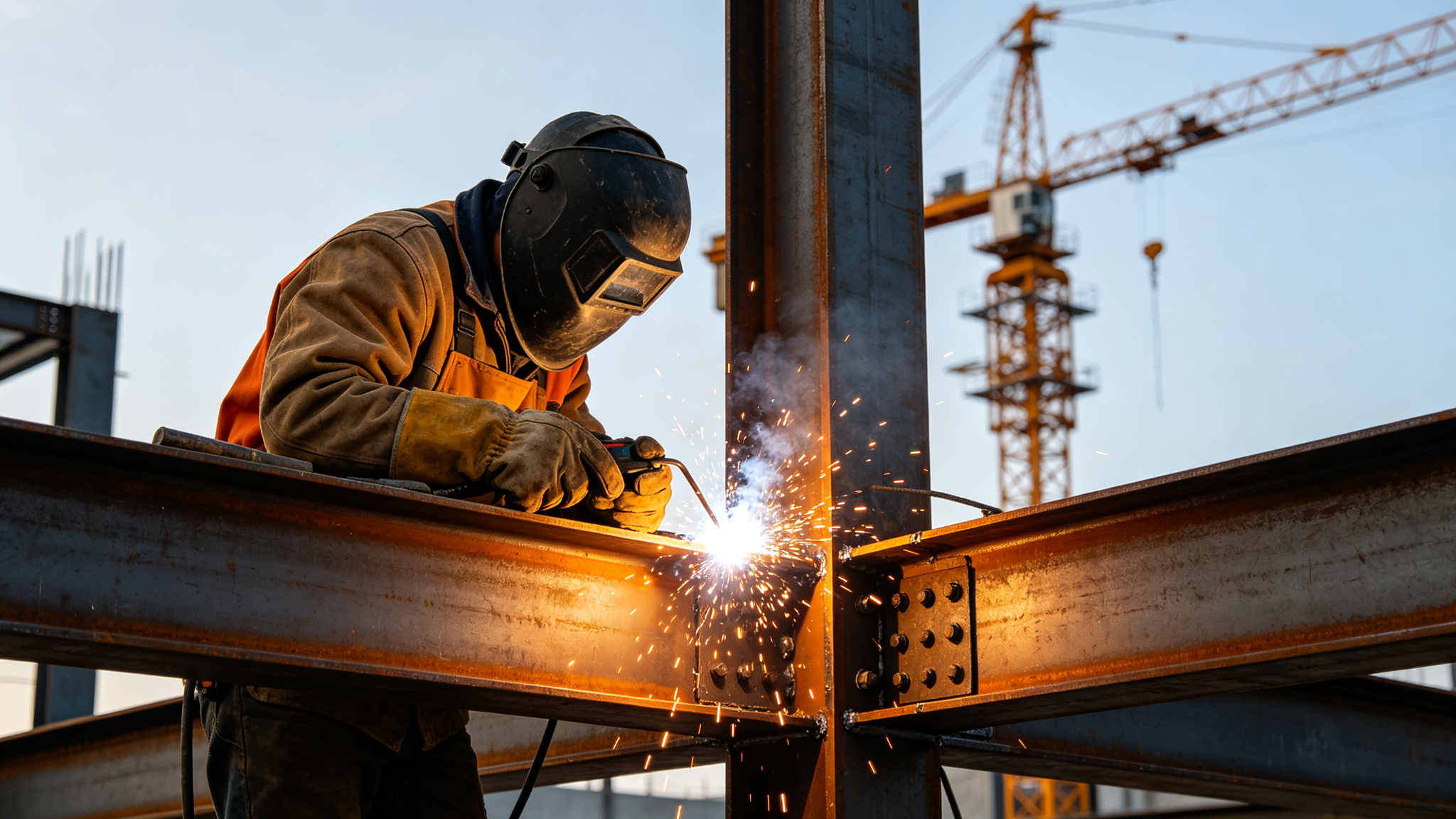 Certified welder welding a steel connection on site
