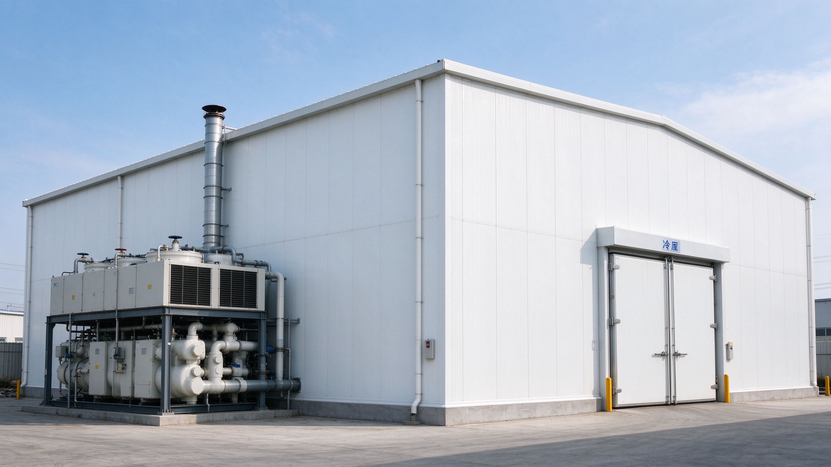Cold storage steel building exterior with insulated panels (illustrative concept image)