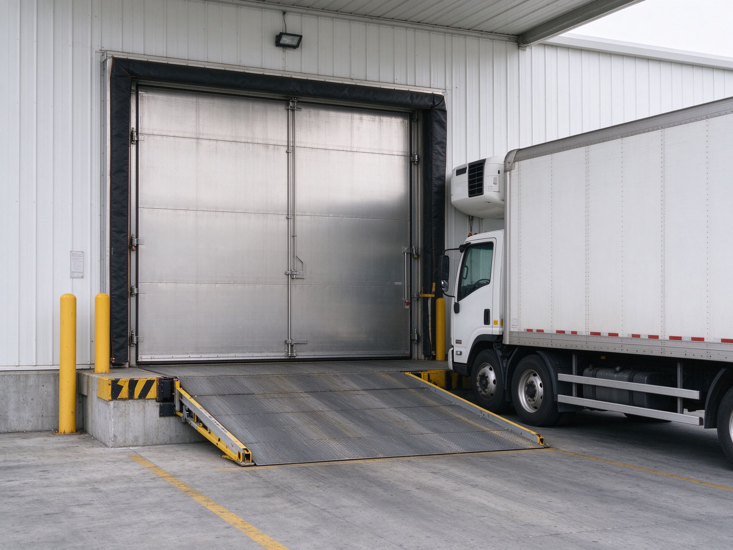 Cold store dock door with loading ramp and truck (illustrative concept image)