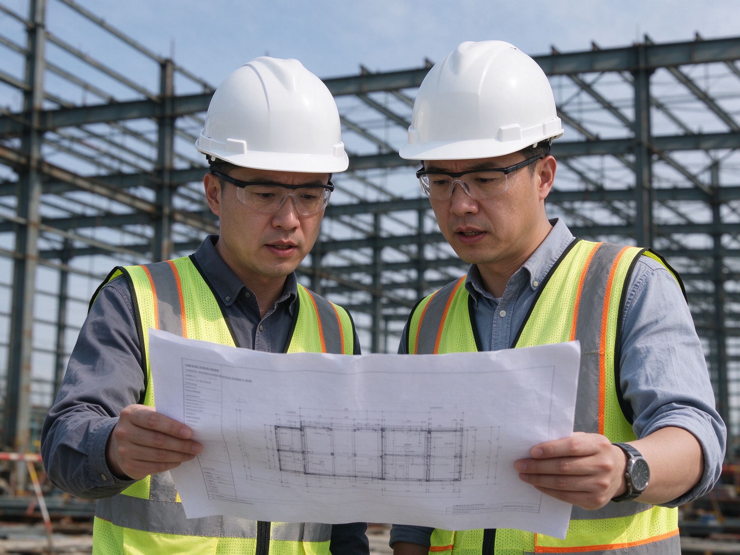 两名工程师在工地看图纸，图纸文字虚化（概念示意图）