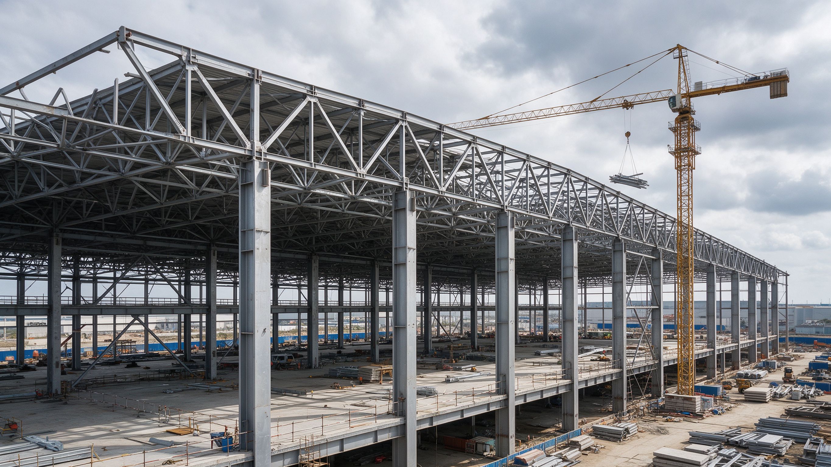 Long-span truss steel building under construction