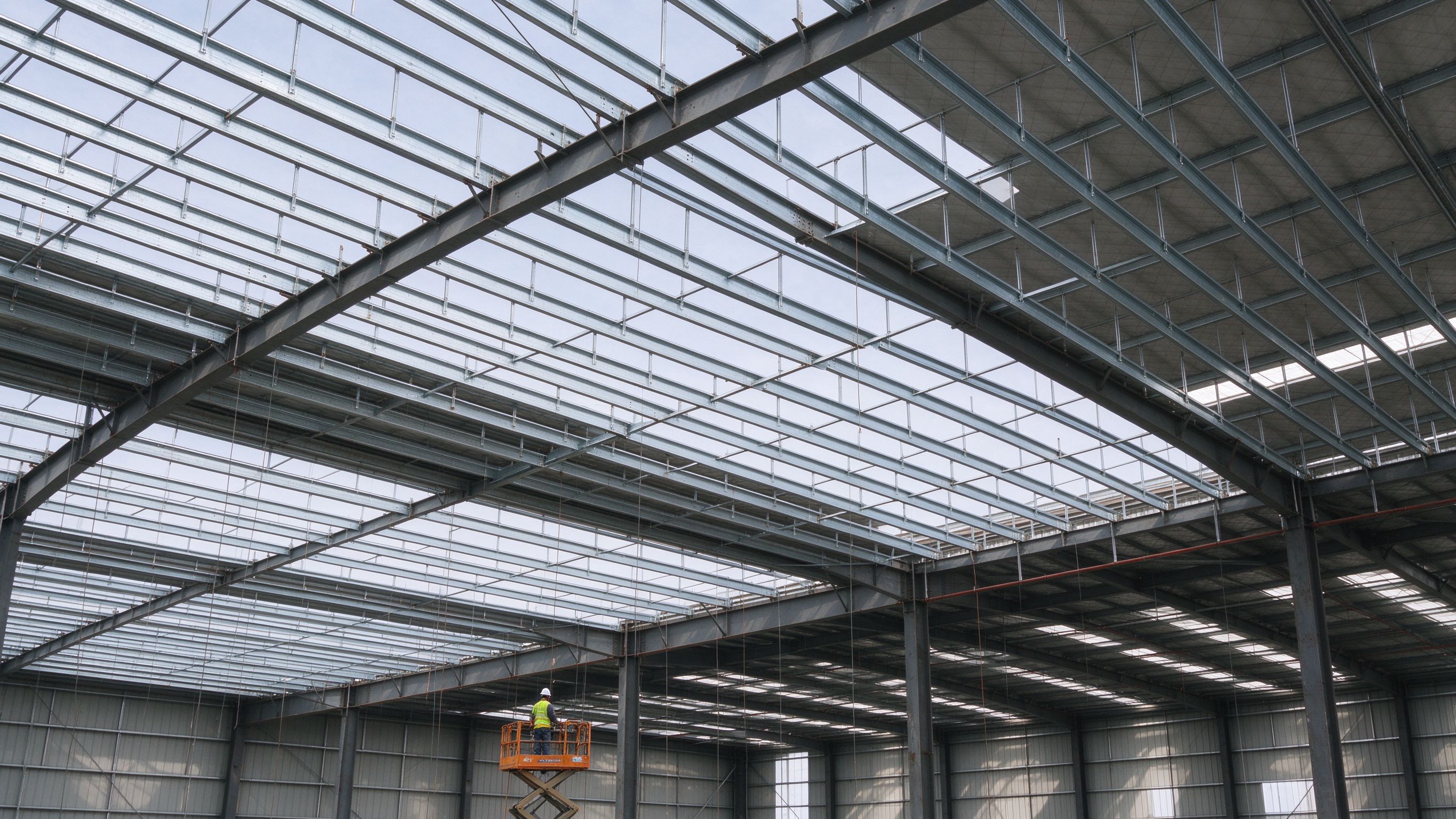 Rows of steel purlins fixed across roof rafters (illustrative concept image)