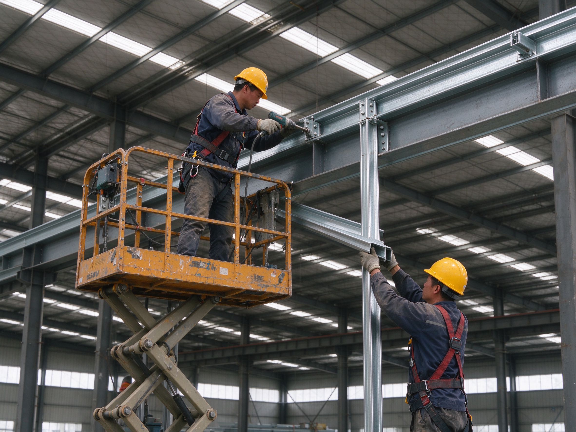 Worker fixing purlins on a lift platform (illustrative concept image)