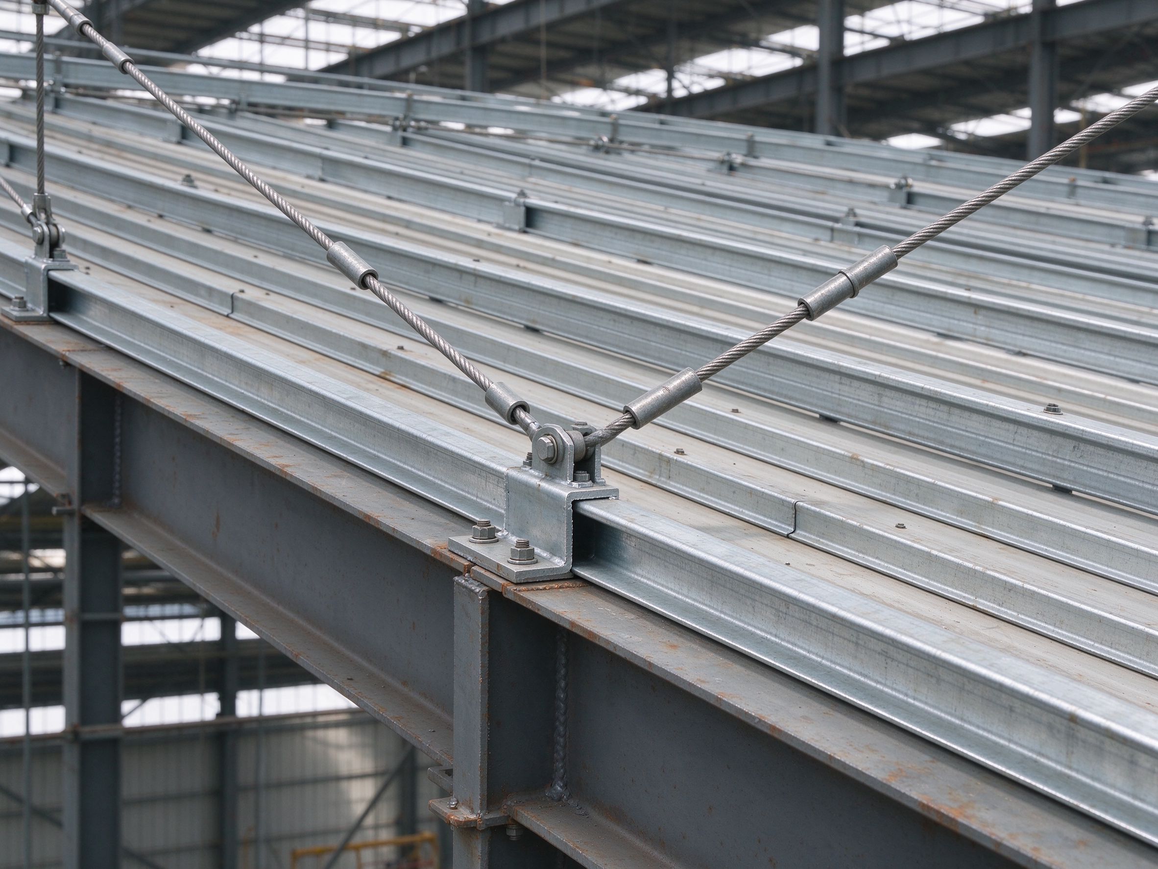 Z-section purlins with sag rods and bolt connections (illustrative concept image)