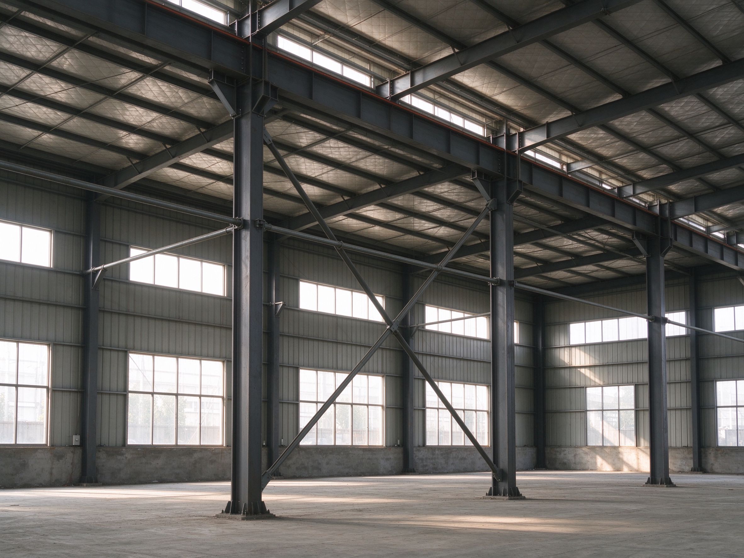Knee braces and column bracing inside a steel building (illustrative concept image)