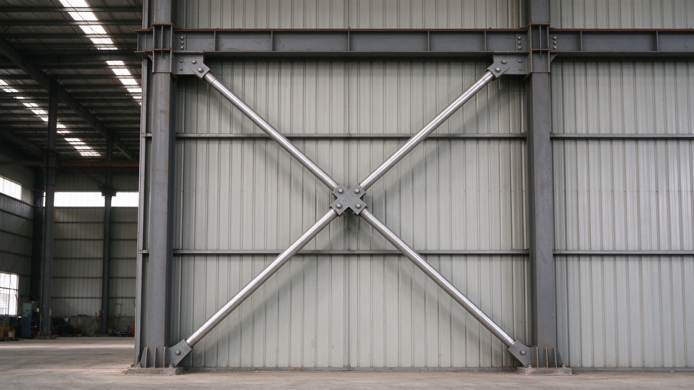 Cross bracing on the walls of a steel building under construction (illustrative concept image)