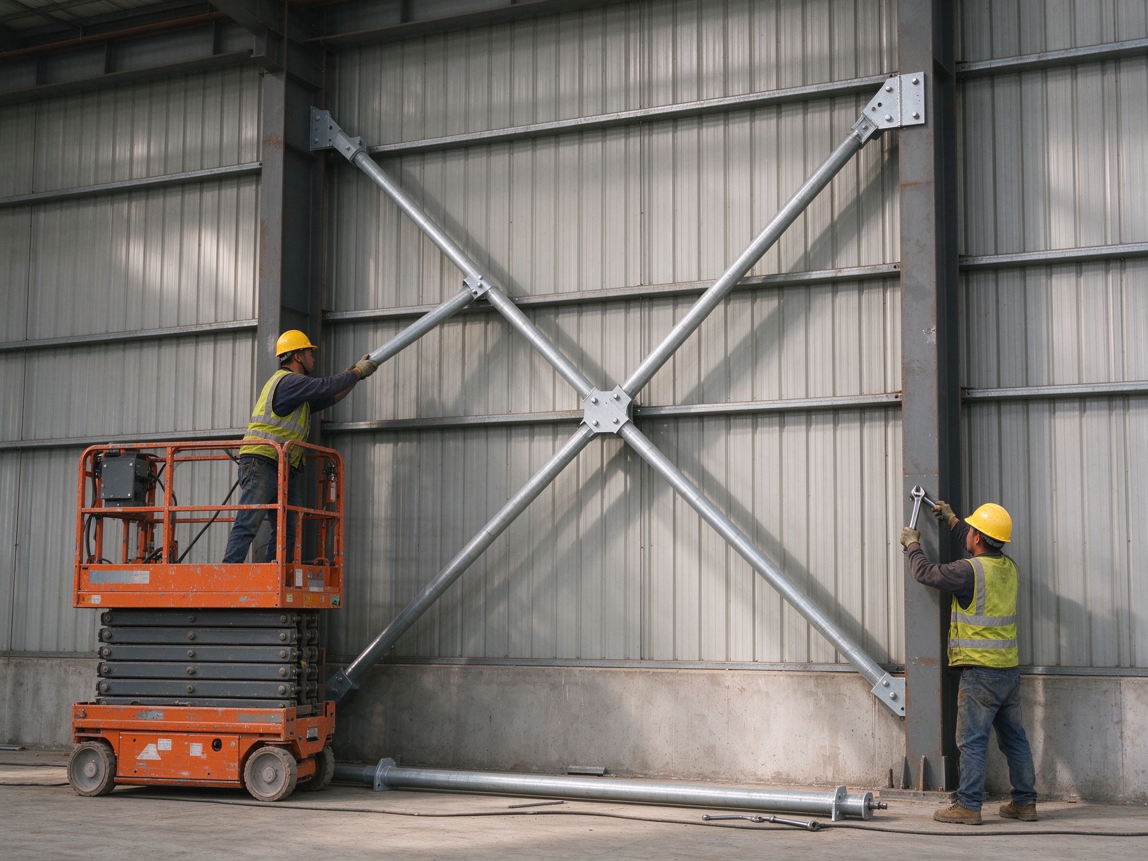 Workers installing a wall cross brace on a lifting platform (illustrative concept image)