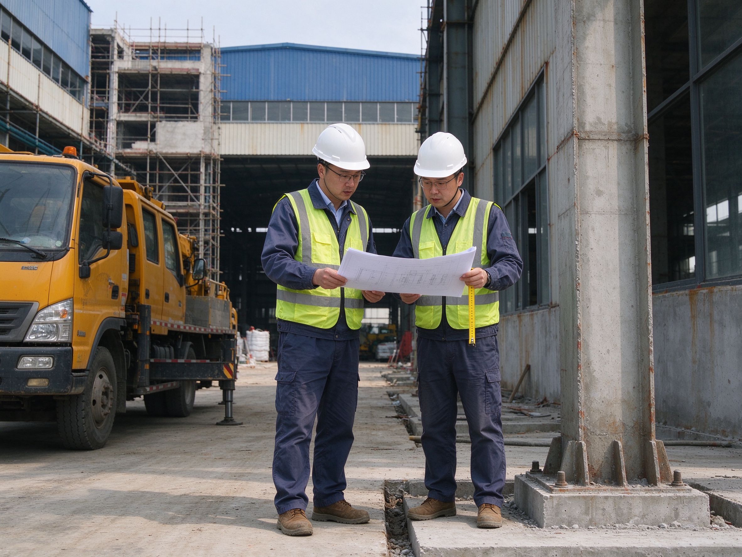 Engineers checking the existing building on site (illustrative concept image)