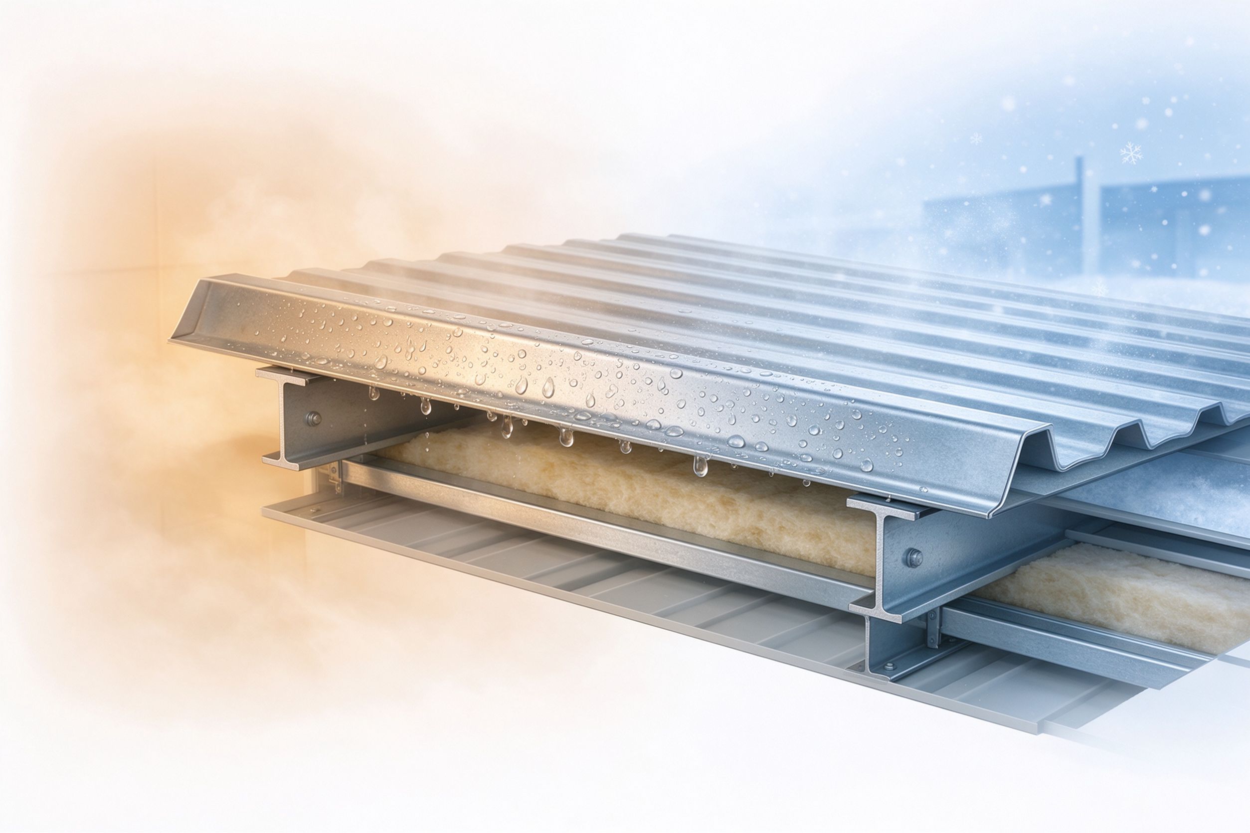 Schematic of warm moist air condensing on a cold metal building panel