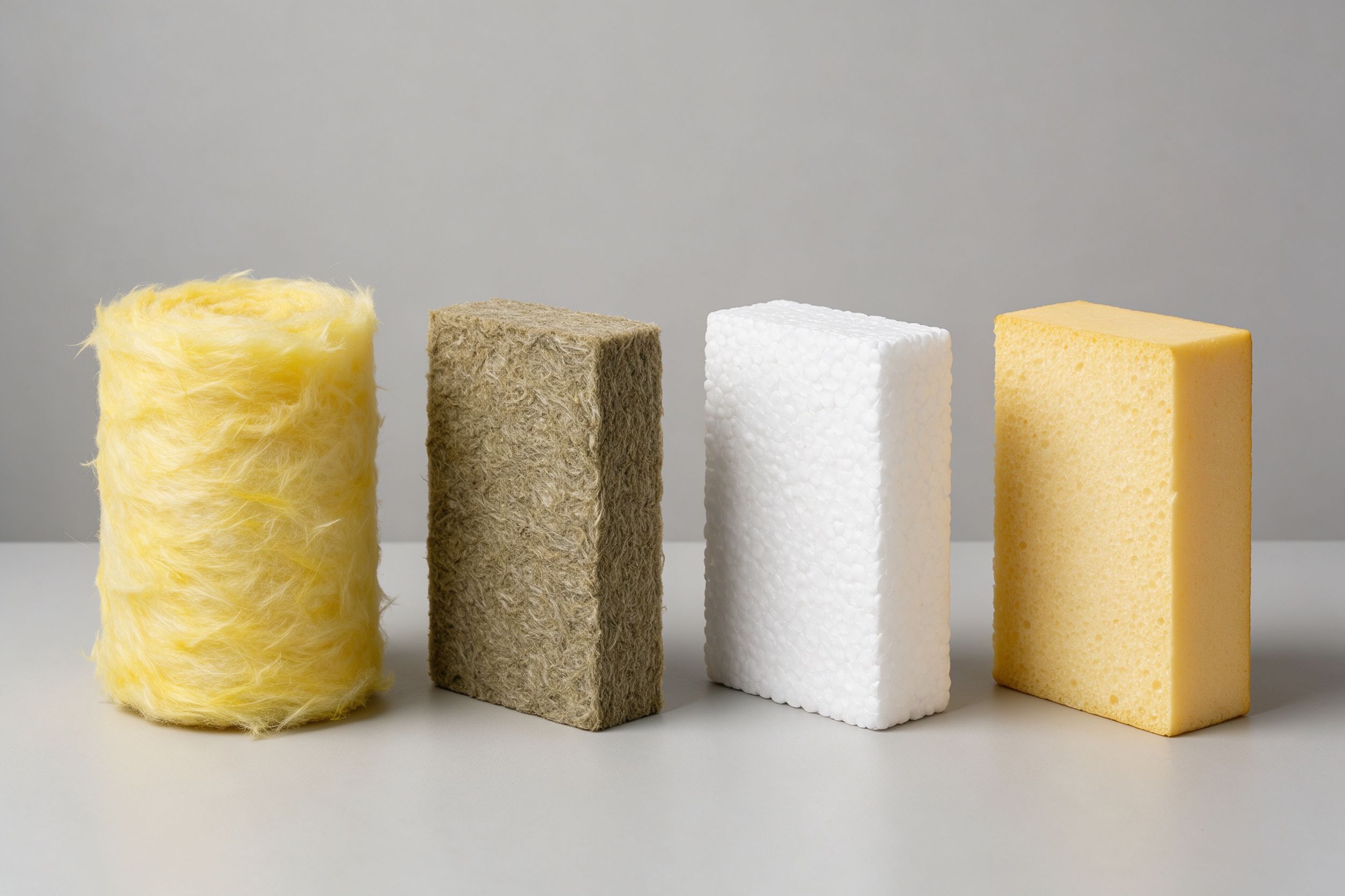 Four insulation core material samples: glass wool, rock wool, EPS and PIR foam