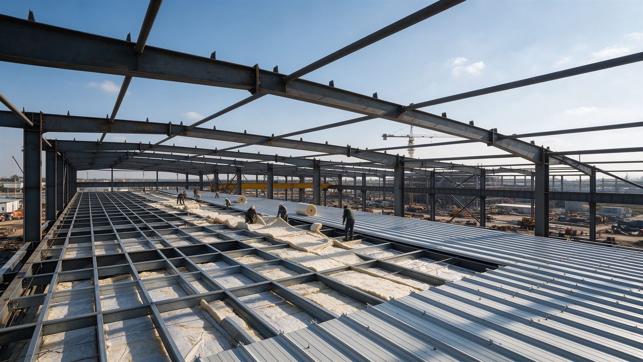 Workers laying glass wool insulation blanket over roof purlins on a steel frame