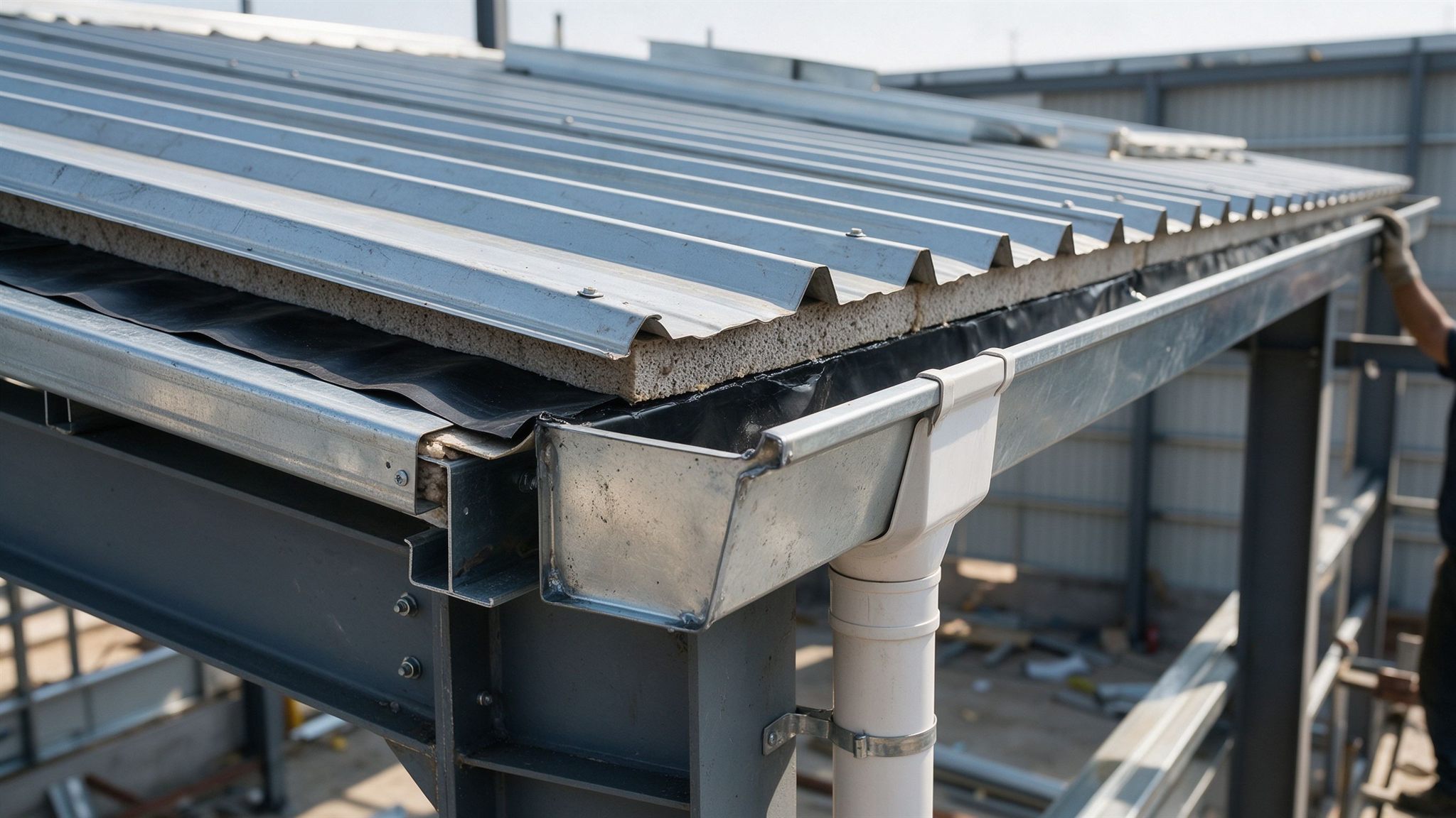 Close-up of an insulated roof panel core with eaves gutter and downpipe