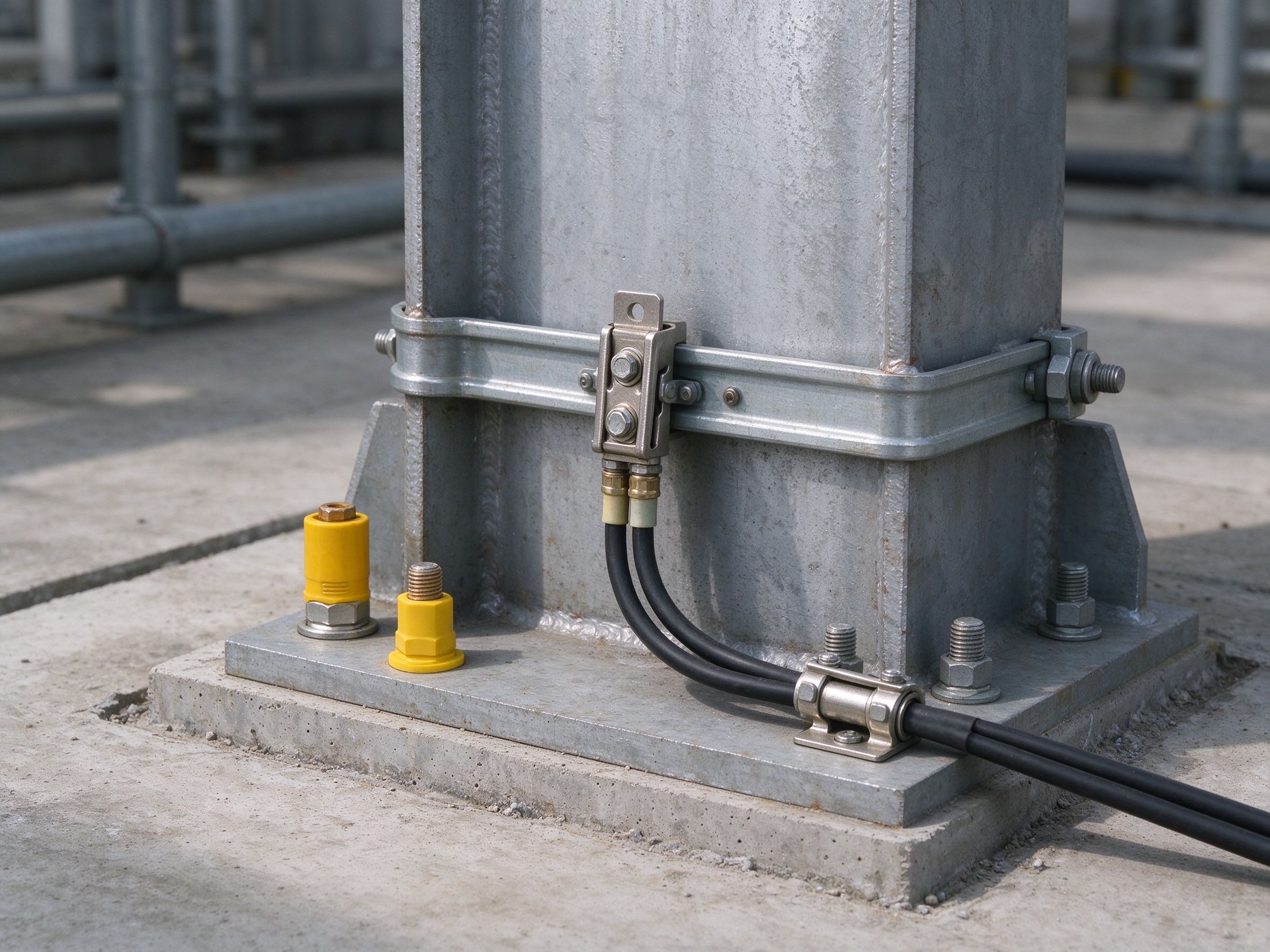 Equipotential bonding and a grounding connection at a steel column base (illustrative concept image)