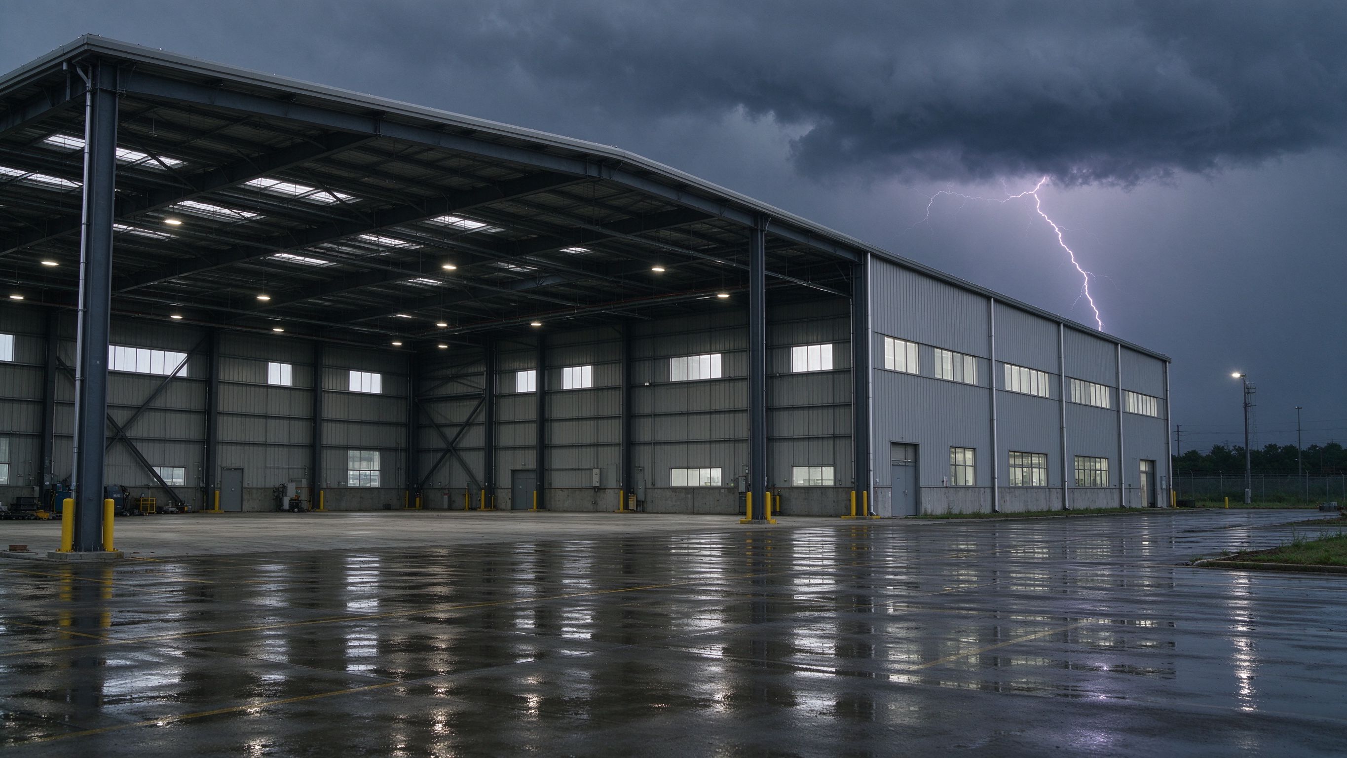 A steel structure building under a distant storm cloud with lightning on the horizon