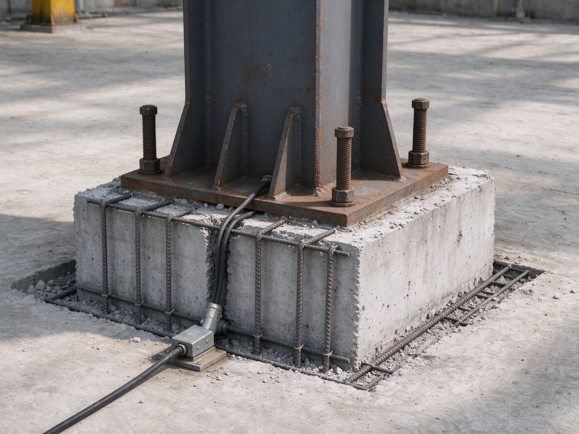 Foundation grounding and a ground electrode at a column base (illustrative concept image)