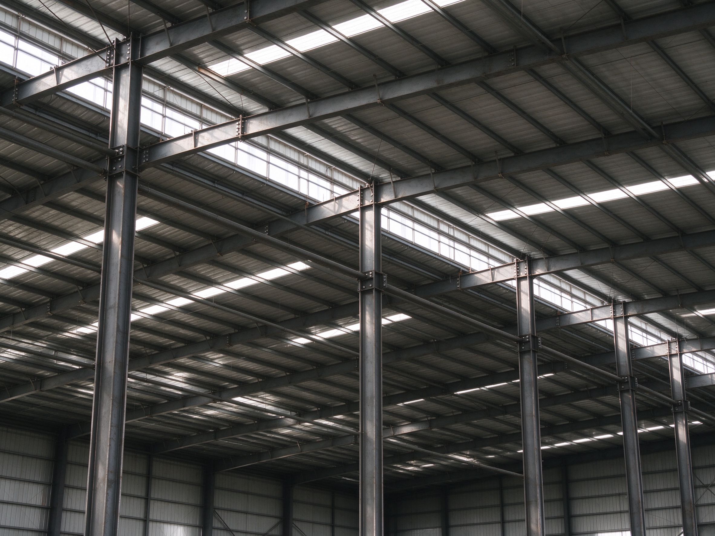 A metal roof and steel columns forming a continuous conductive frame (illustrative concept image)