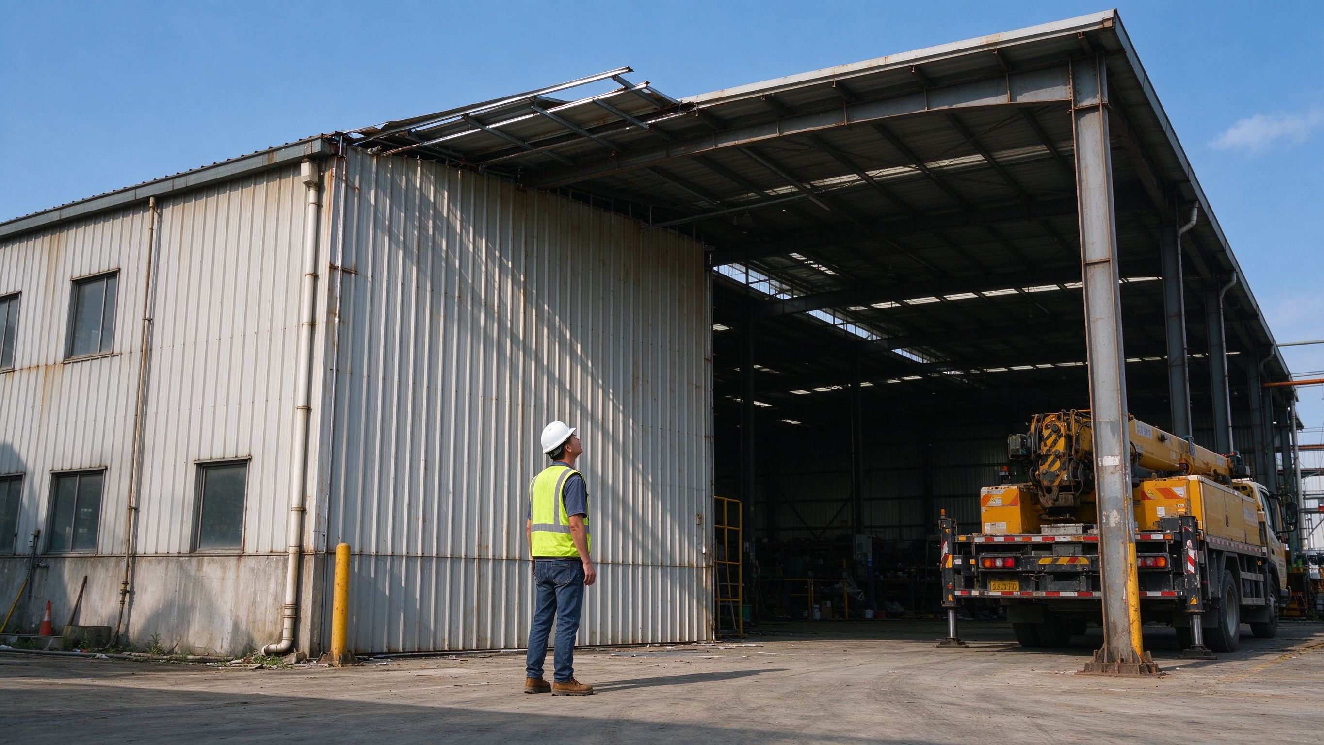 Inspection of a steel building exterior (illustrative concept image)
