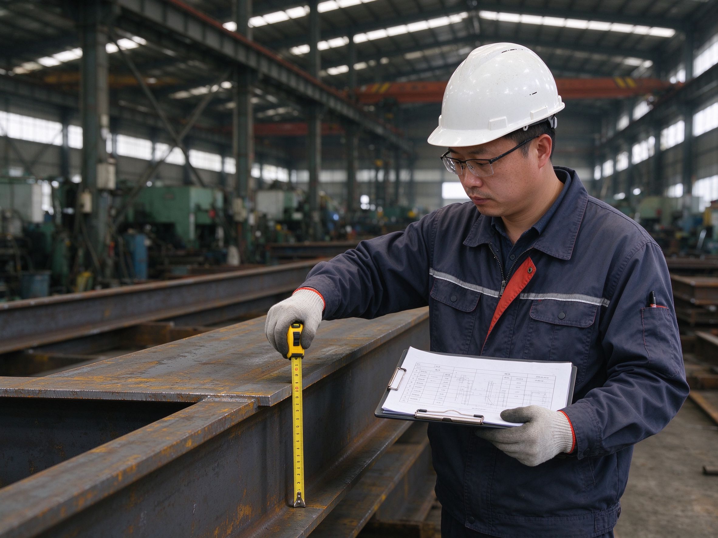 Engineer measuring a fabricated section during dimensional acceptance (illustrative concept image)