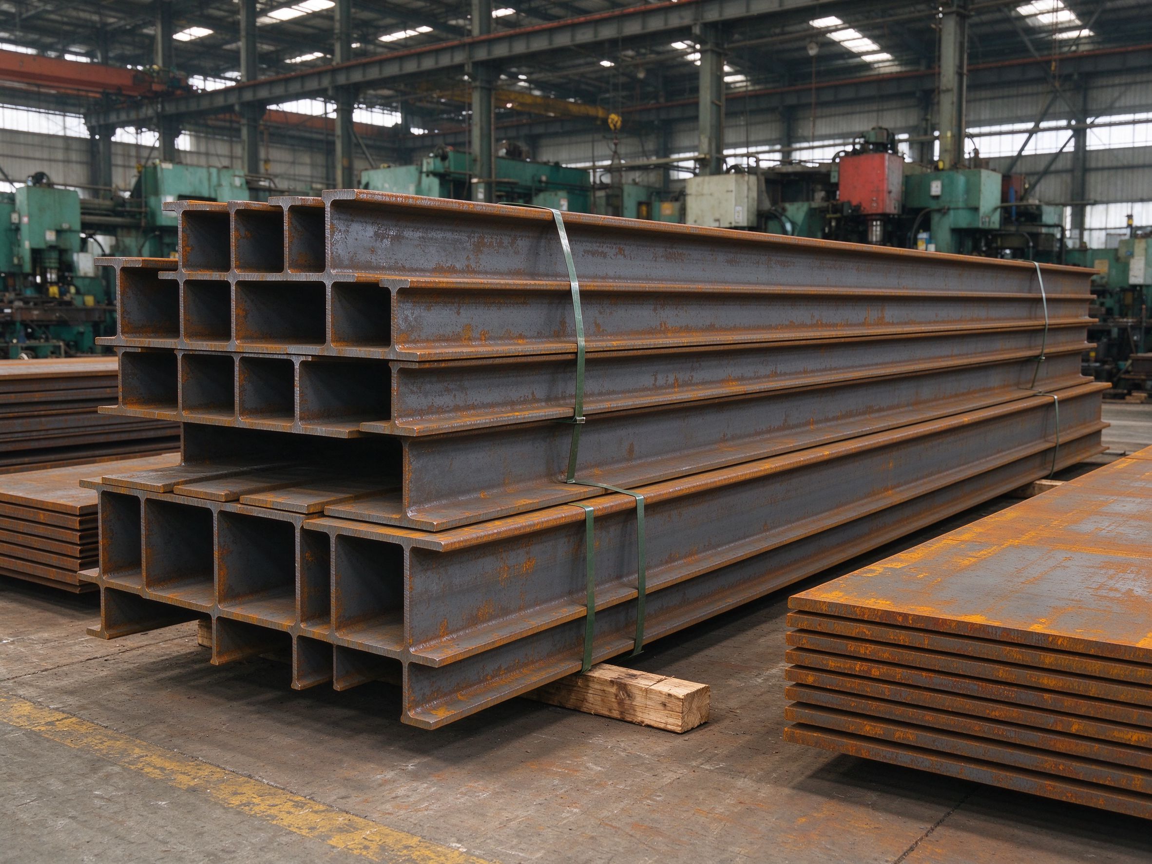 Steel sections and primed components for a fabricated building (illustrative concept image)