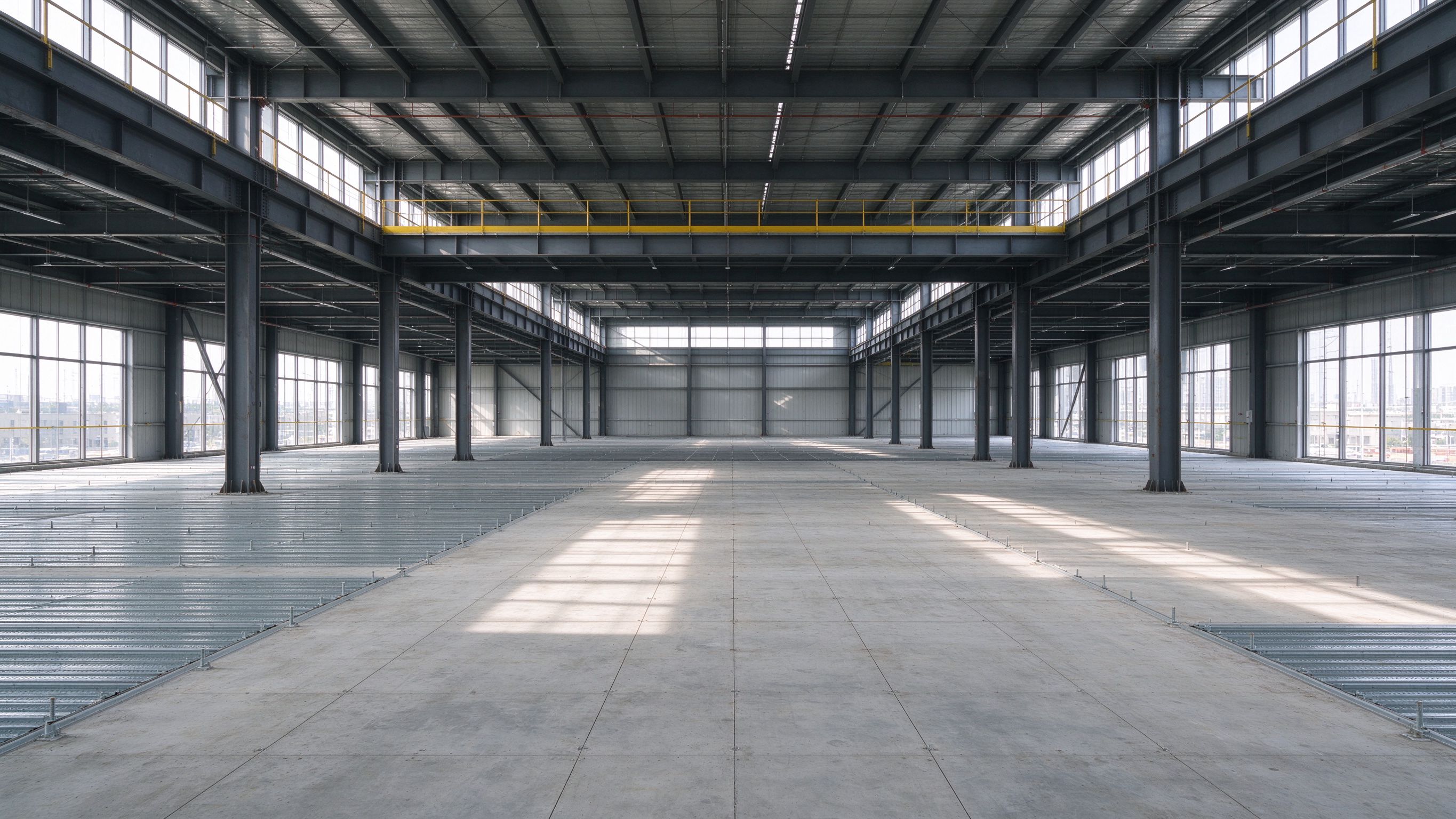 Interior of a multi-level steel structure building with a composite floor (illustrative concept image)