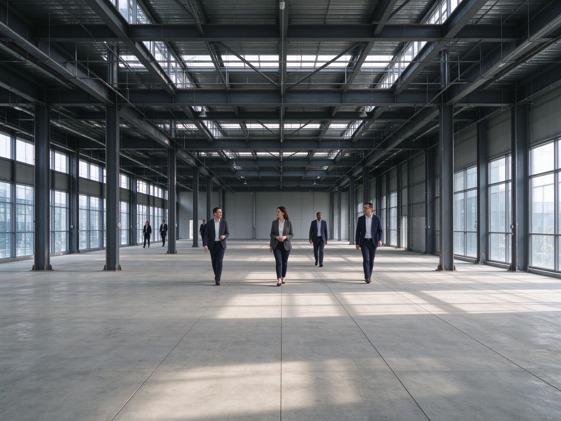 People walking across an open steel-framed floor (illustrative concept image)