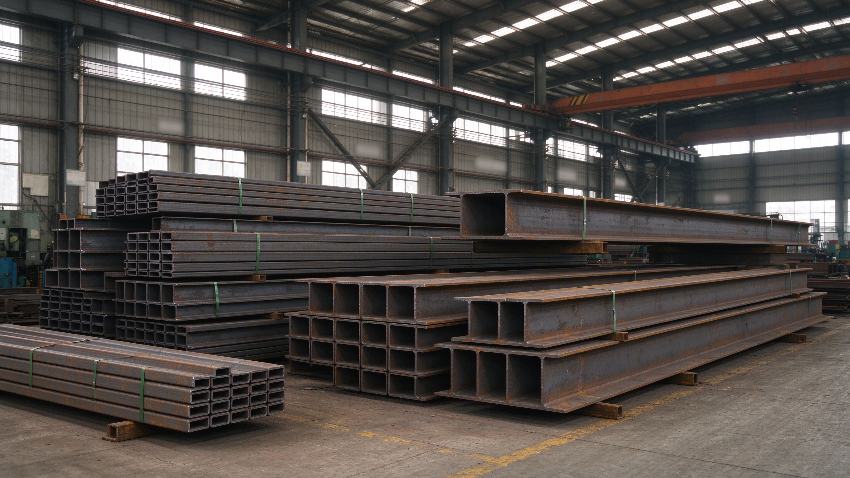 Steel sections and beams stored in a steel fabrication workshop (illustrative concept image)