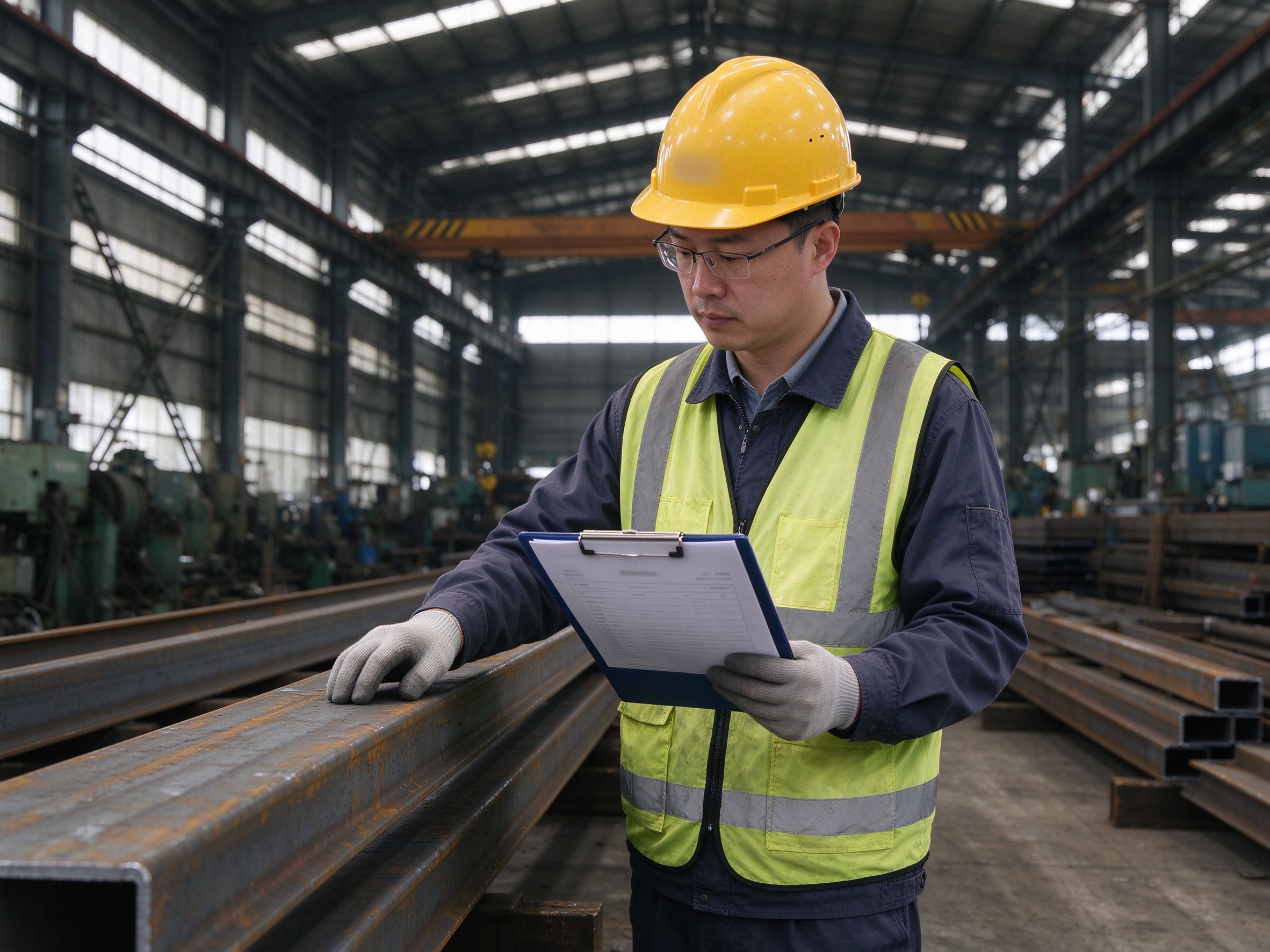 An engineer reviewing steel material against a document in a workshop (illustrative concept image)