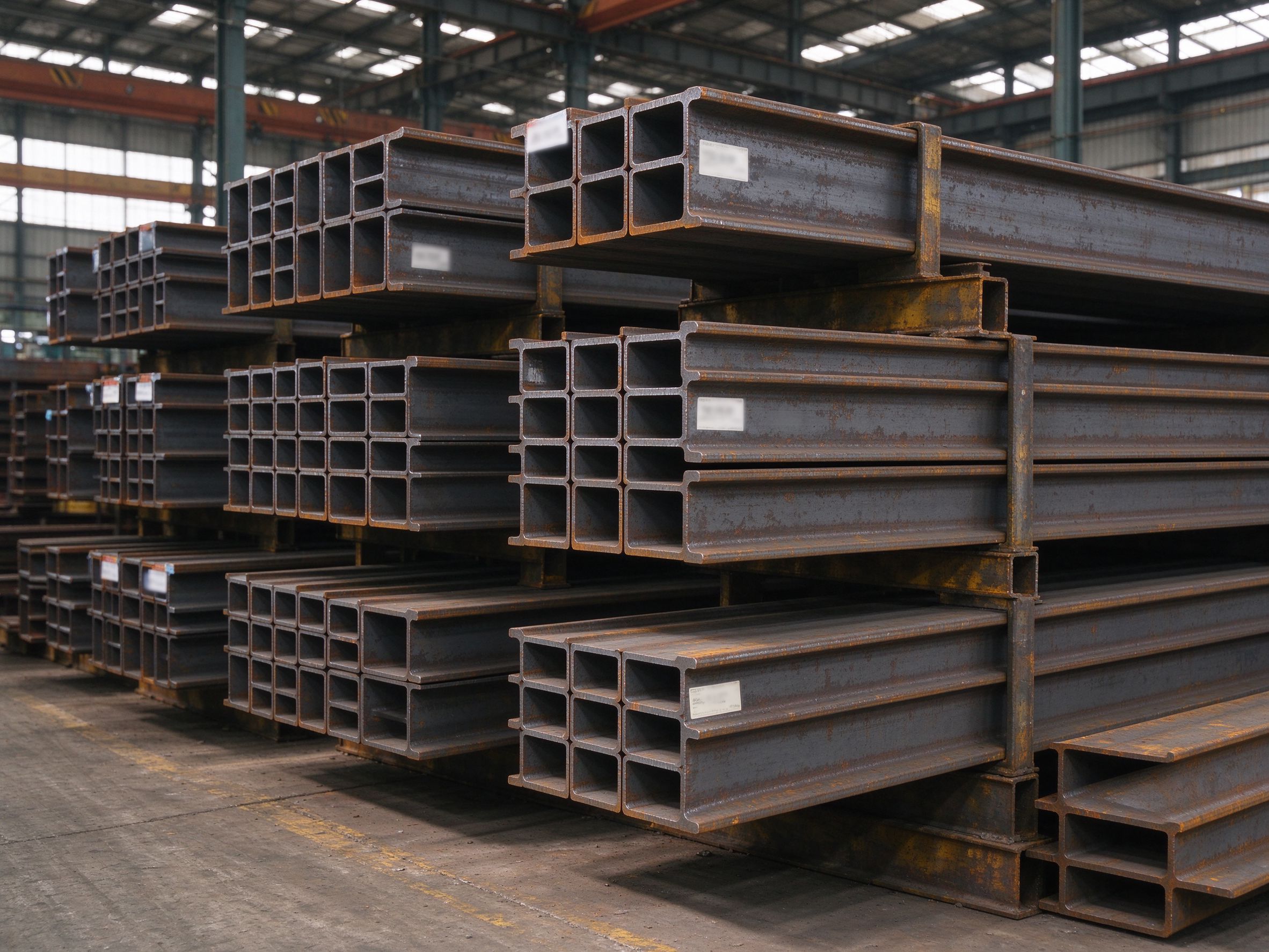 Steel sections neatly arranged in a material storage area with blurred end labels (illustrative concept image)