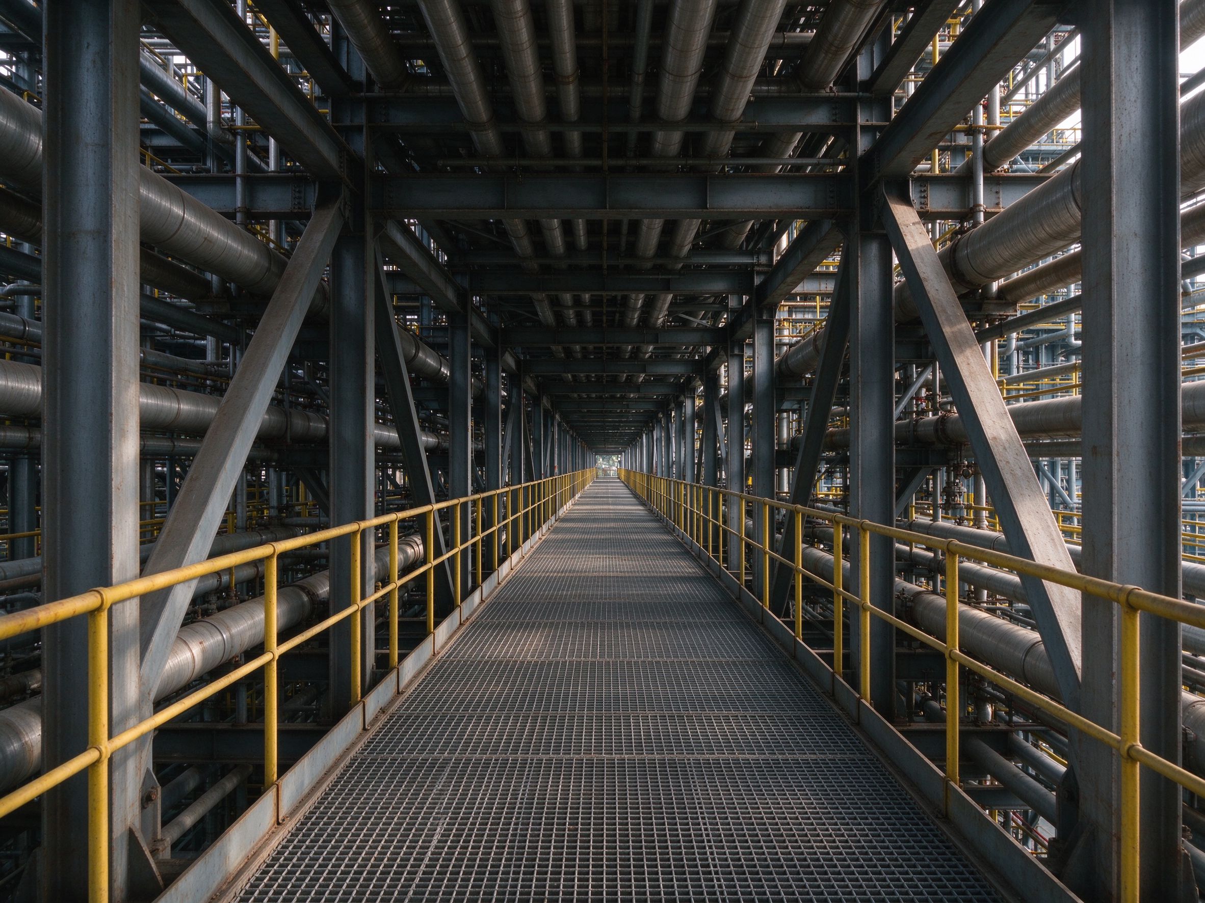 管廊走道，横向刚架之间有格栅和护栏（概念示意图）