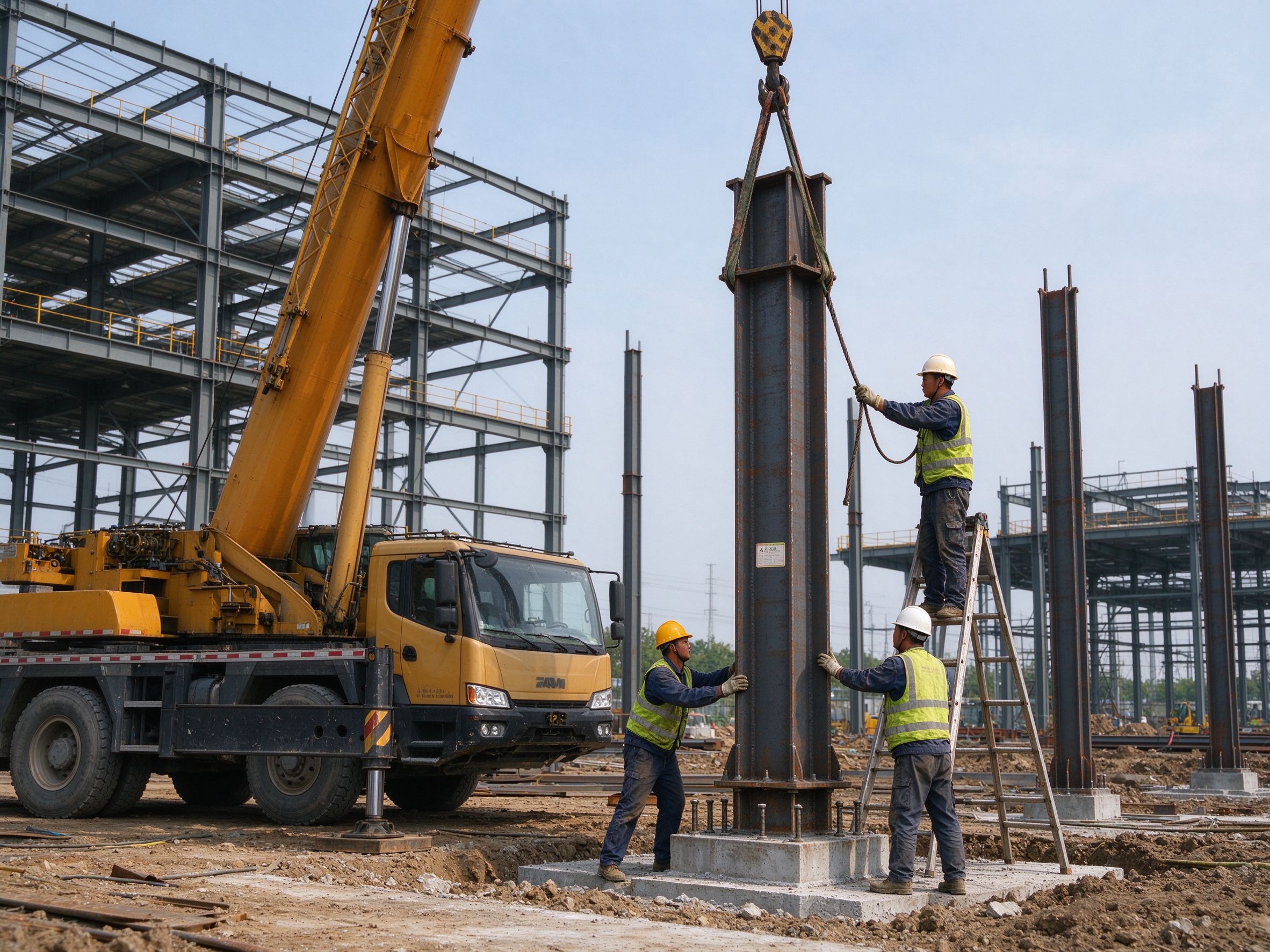 Crane lifting a steel column onto anchor bolts (illustrative concept image)