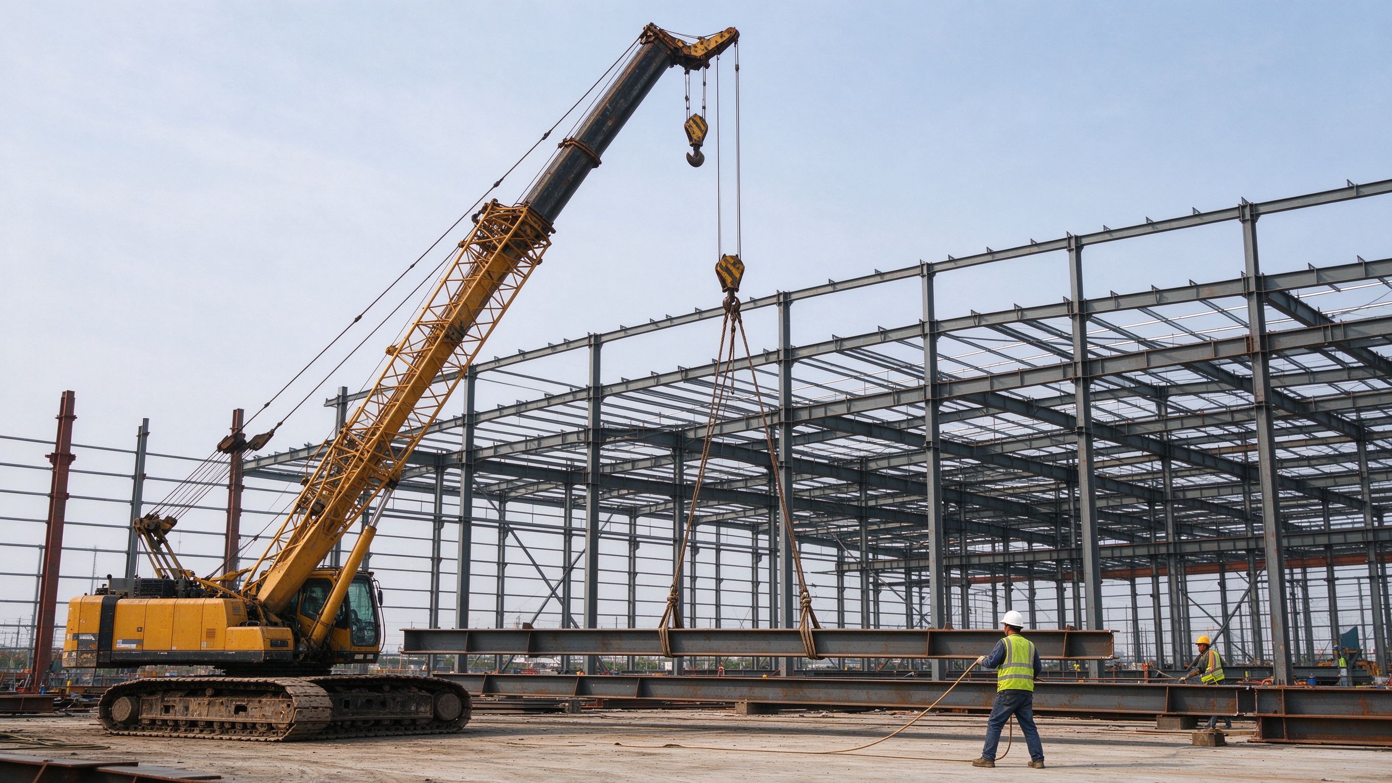 Crawler crane lifting a steel beam into position (illustrative concept image)
