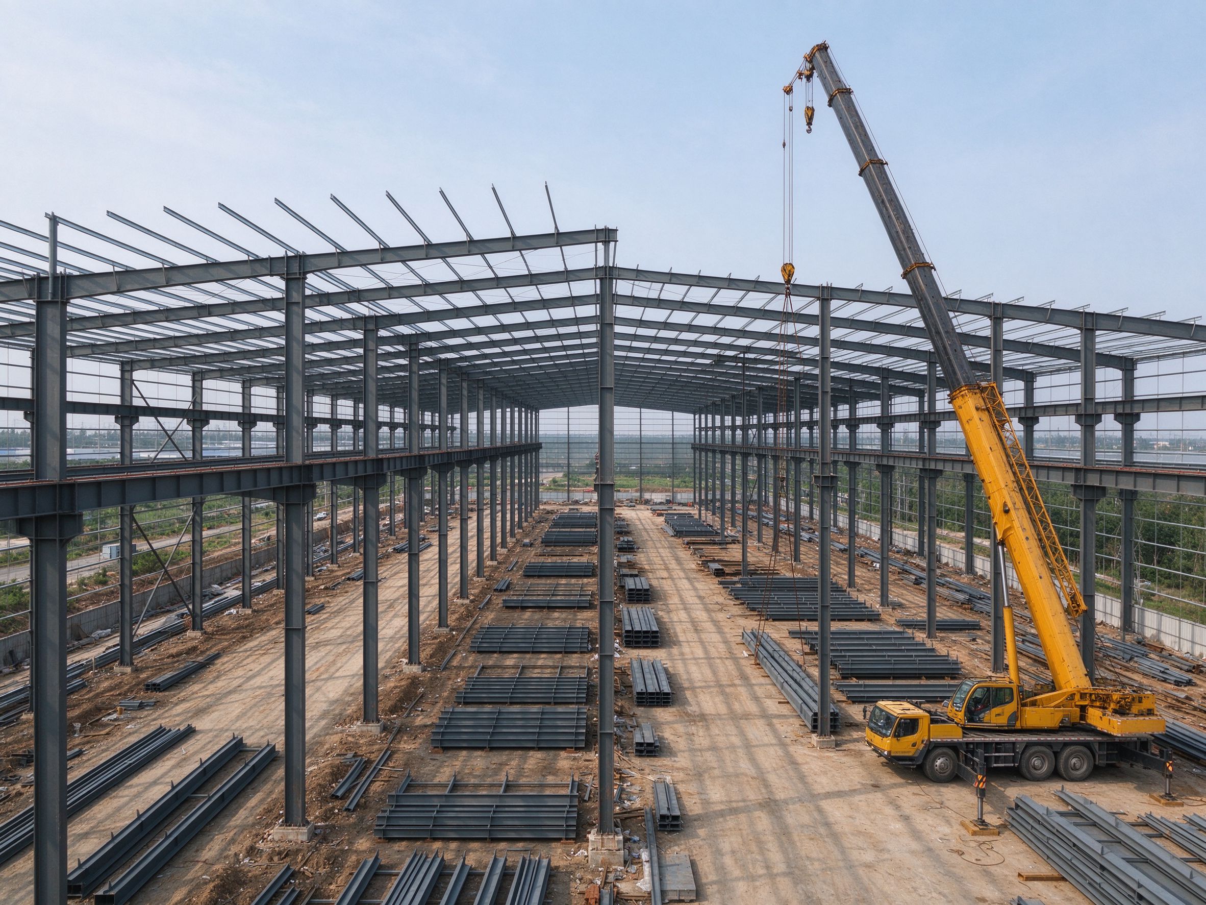 Aerial view of erection progress across bays (illustrative concept image)