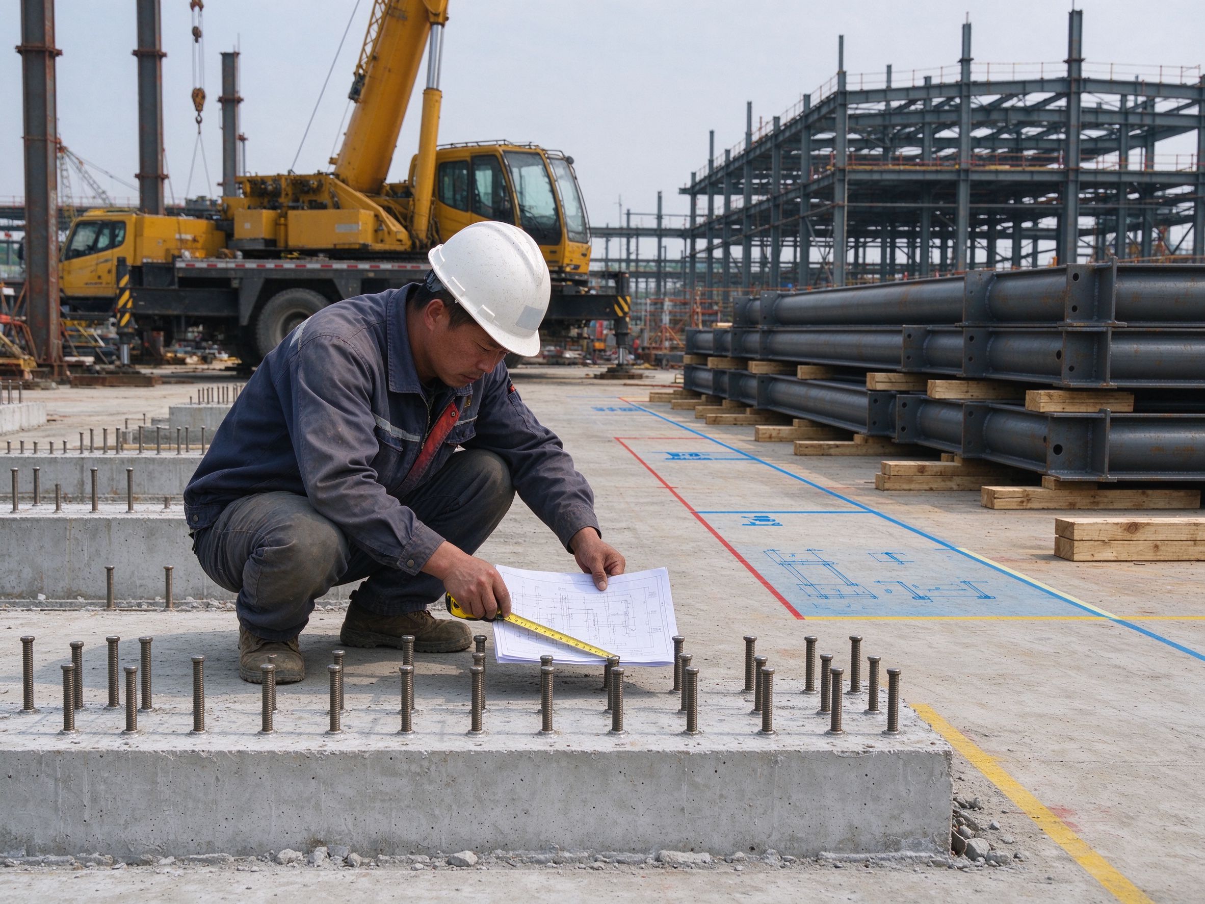 Worker checking anchor bolts against drawings before erection (illustrative concept image)