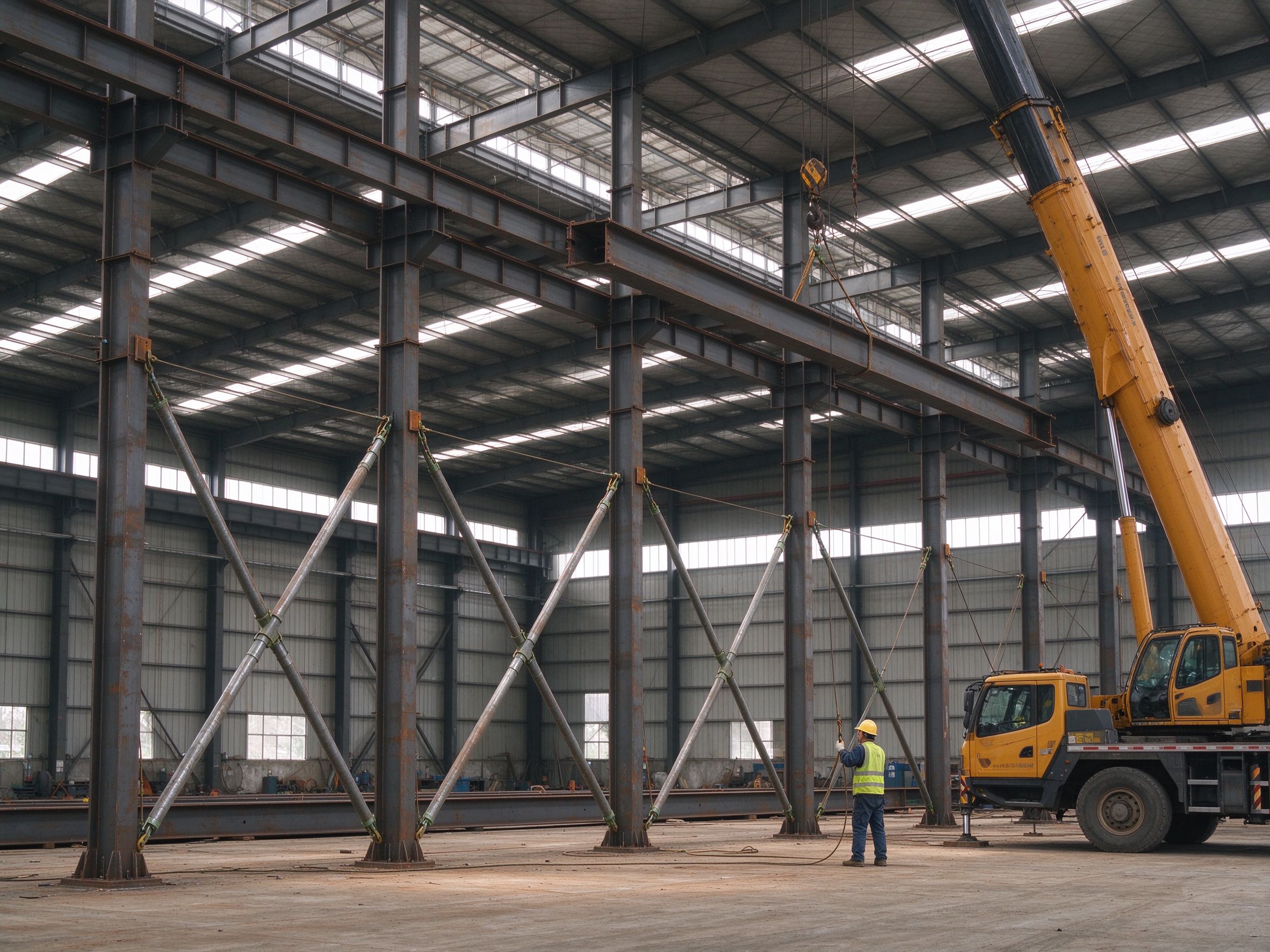 Temporary bracing holding a steel frame bay during erection (illustrative concept image)