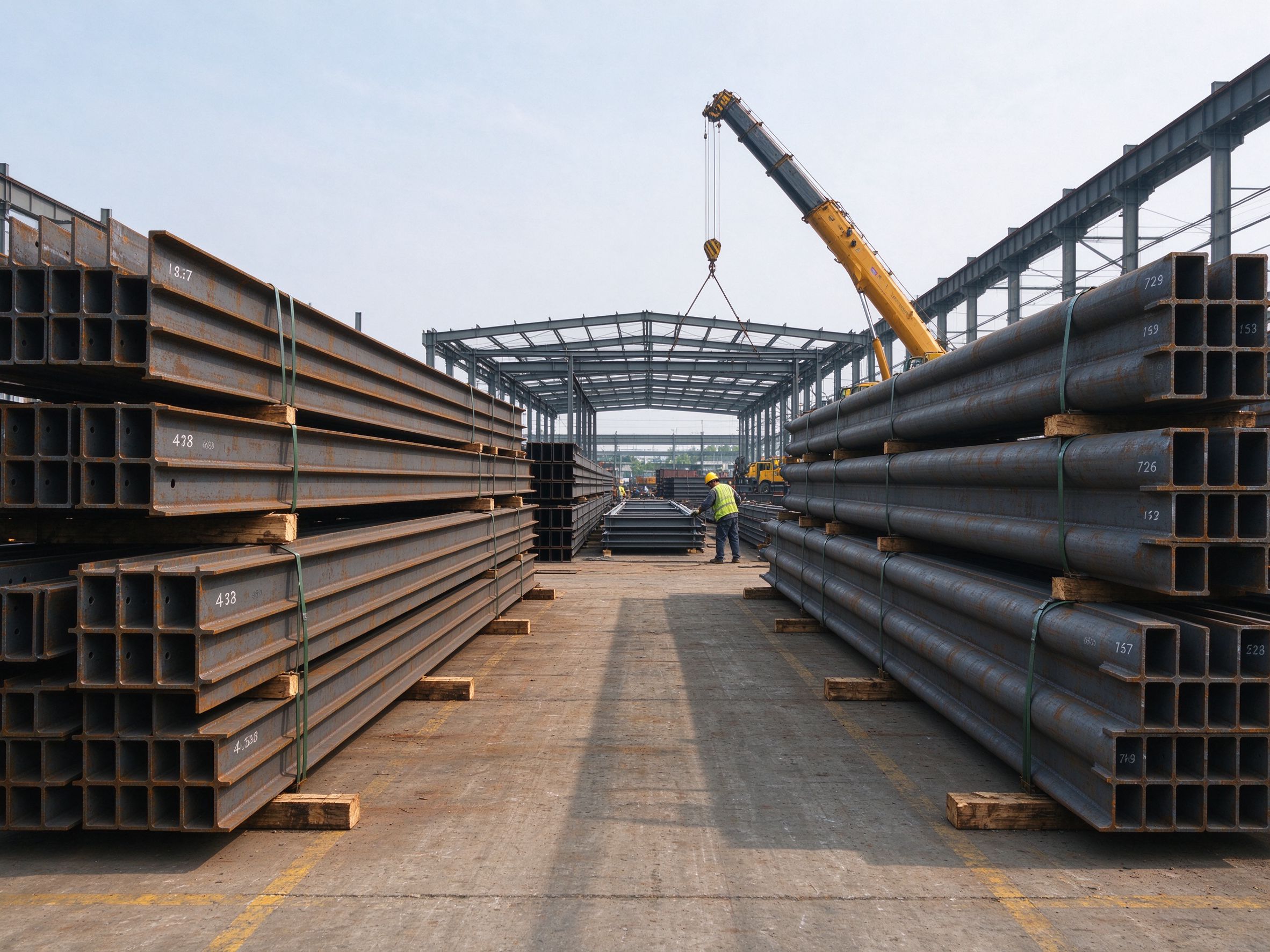 Steel members stacked by bay on the erection site (illustrative concept image)
