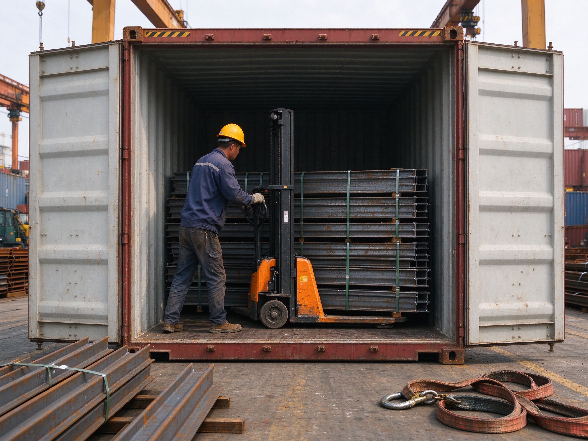 Container loading of steel members (illustrative concept image)