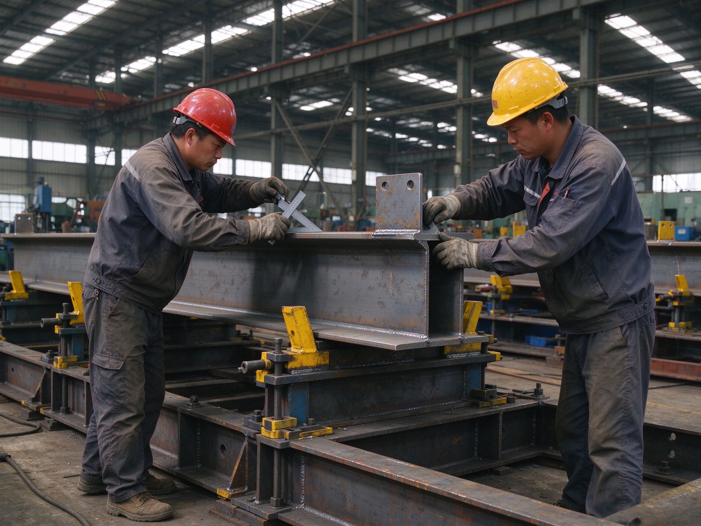 Workers assembling a steel member on a fabrication jig with positioning clamps (illustrative concept image)
