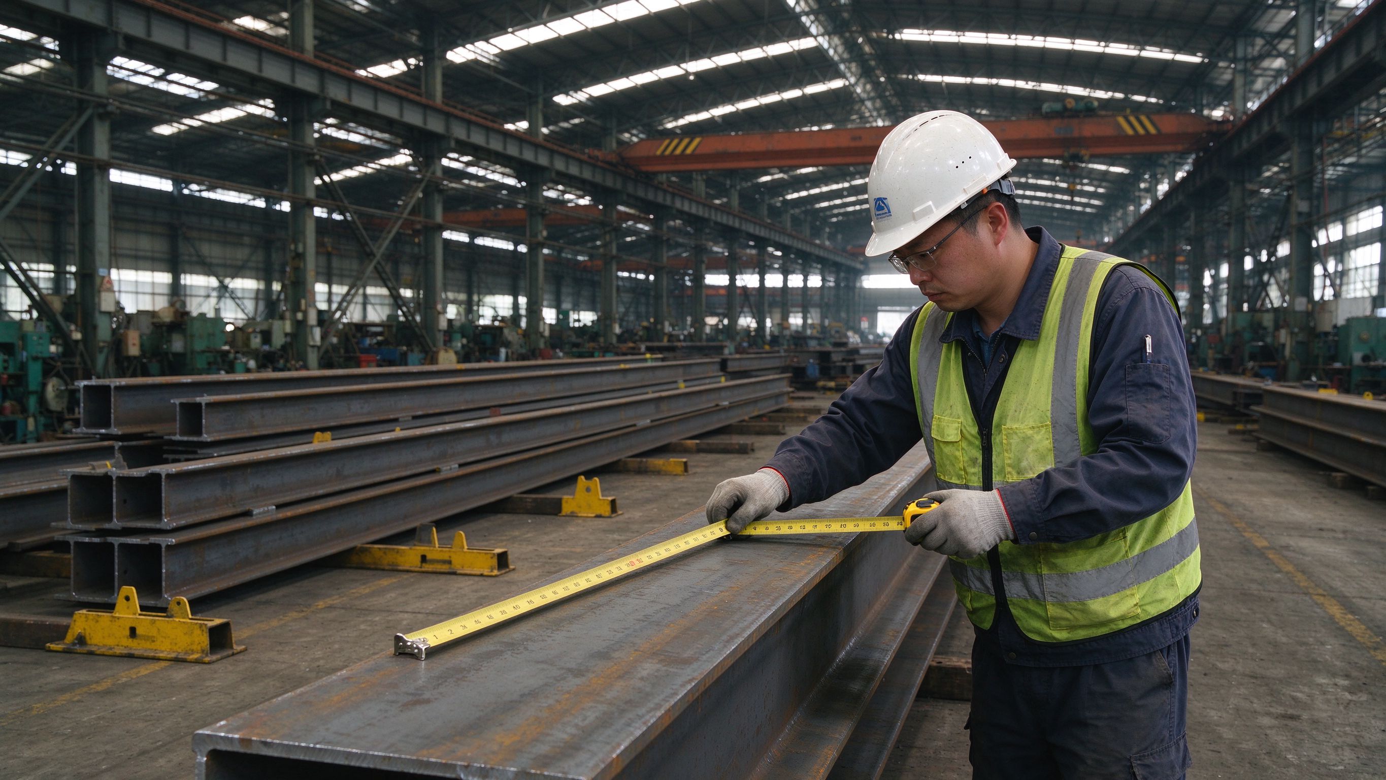 QC inspector measuring a steel member with a tape measure in a fabrication shop (illustrative concept image)