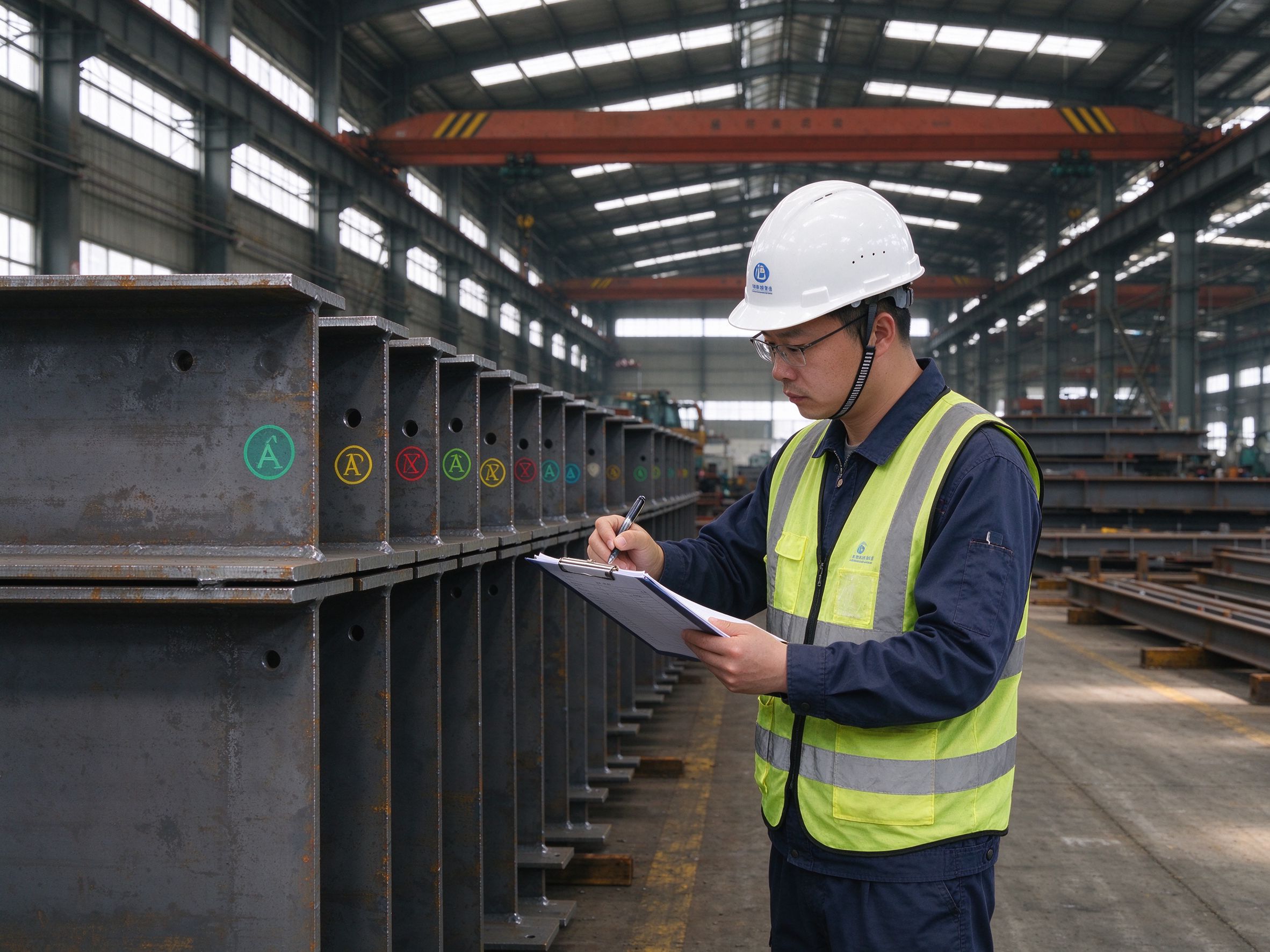 QC inspector doing final inspection of finished steel members and recording results (illustrative concept image)