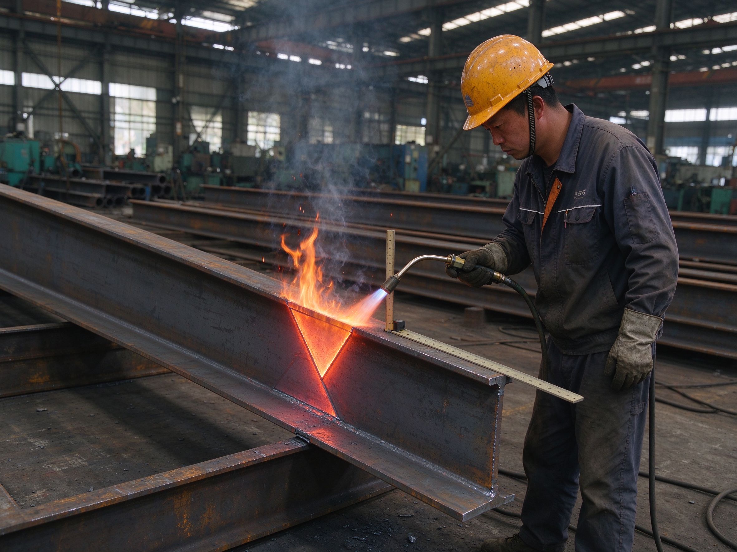 Worker heat-straightening a distorted steel beam with a triangular heating pattern (illustrative concept image)