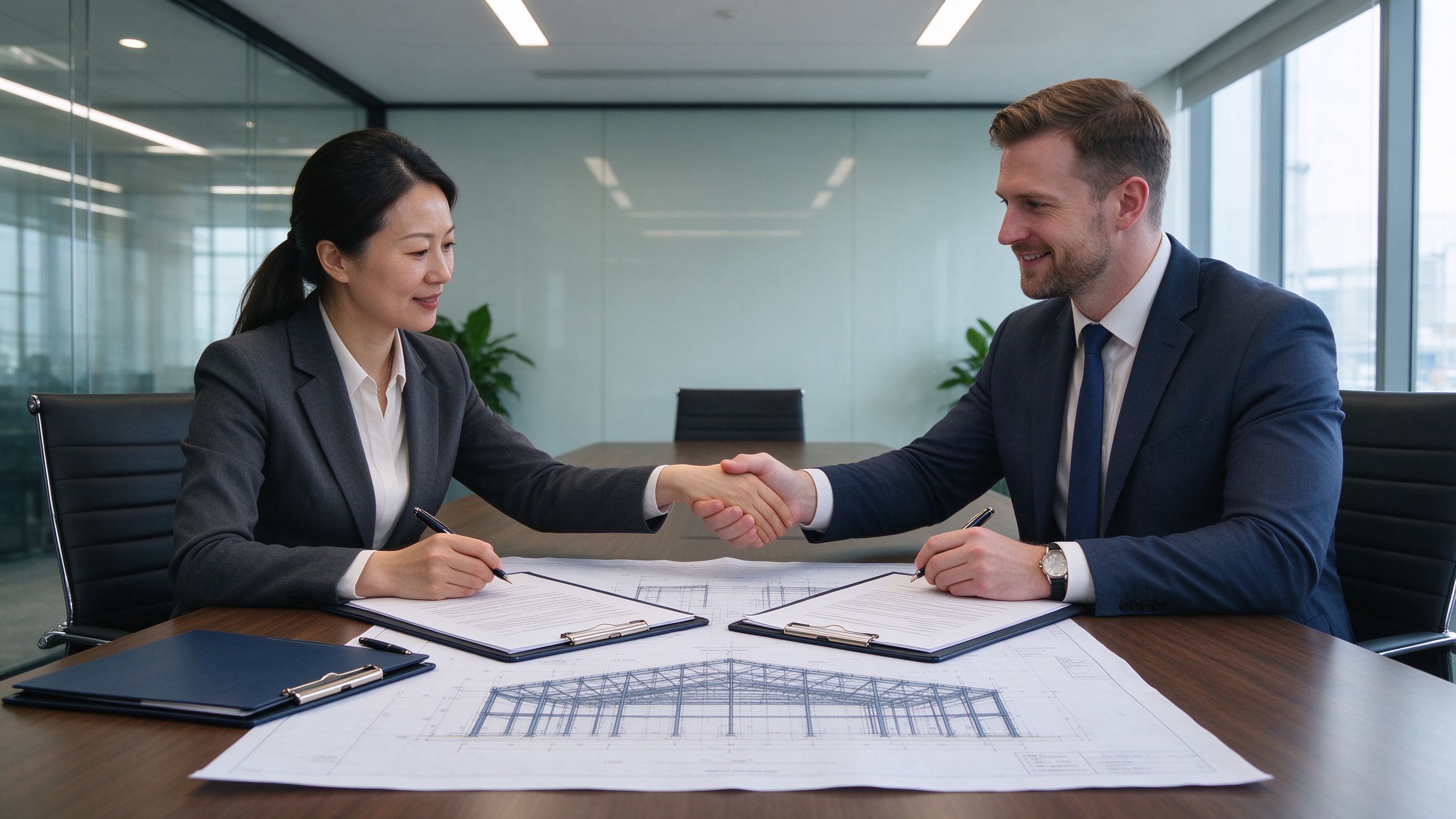 两位商务人士在会议桌钢结构图纸上签署供货合同(概念示意图)