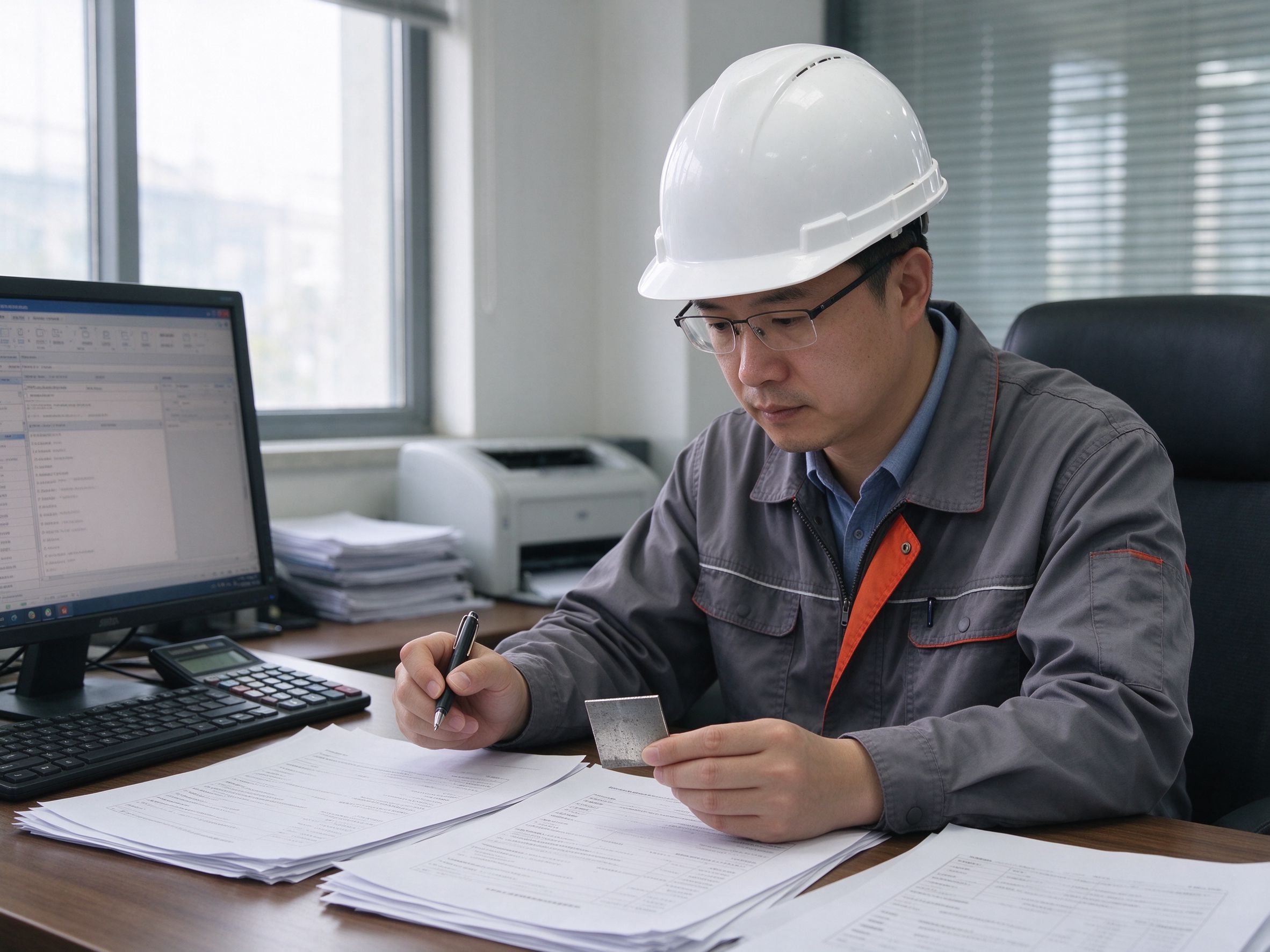 工程师在桌前核对材质文件与钢样（概念示意图）