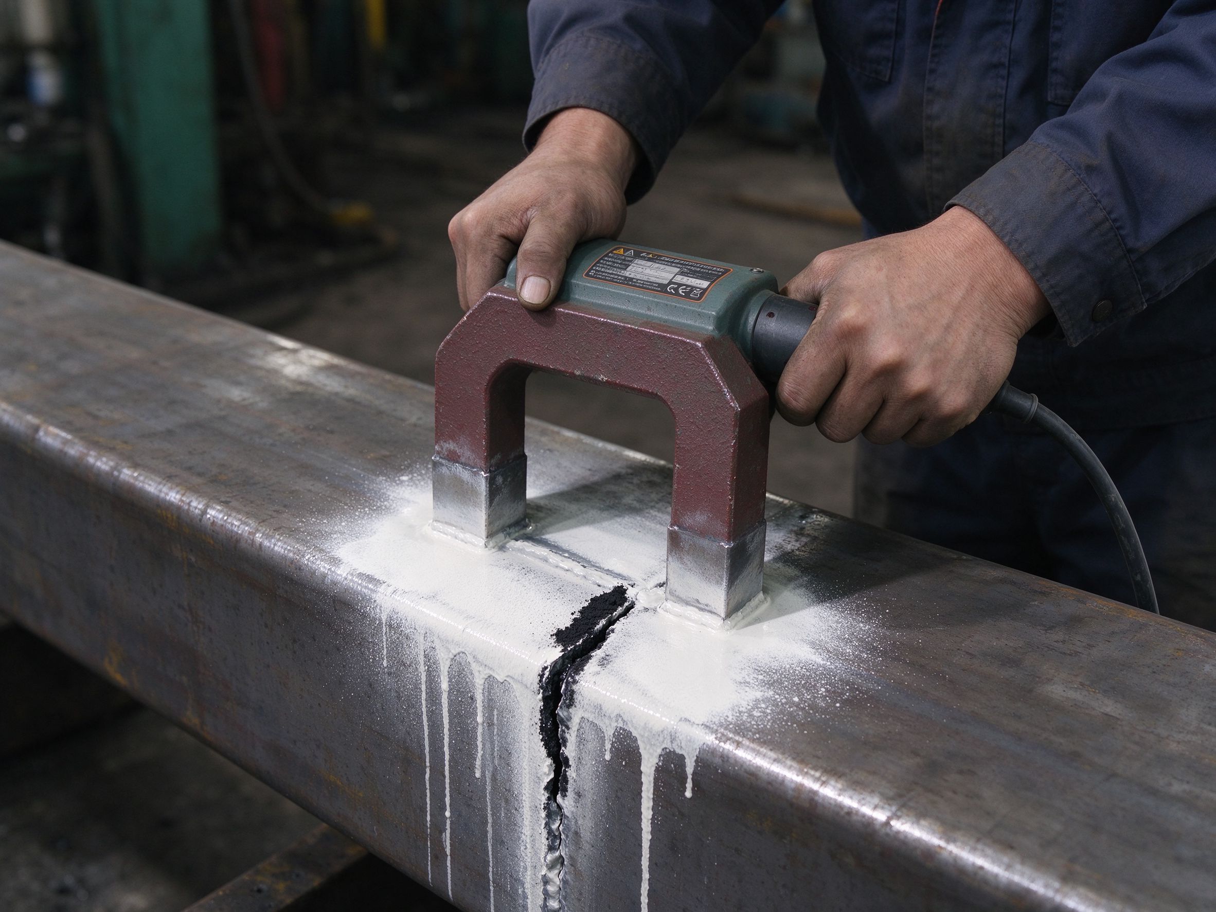 Magnetic particle testing of a steel weld with a yoke (illustrative concept image)