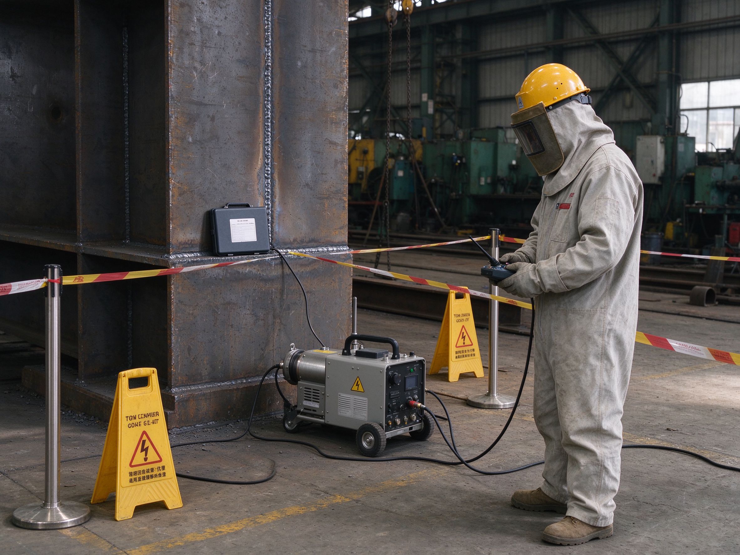 Radiographic testing setup with safety barriers in a workshop (illustrative concept image)
