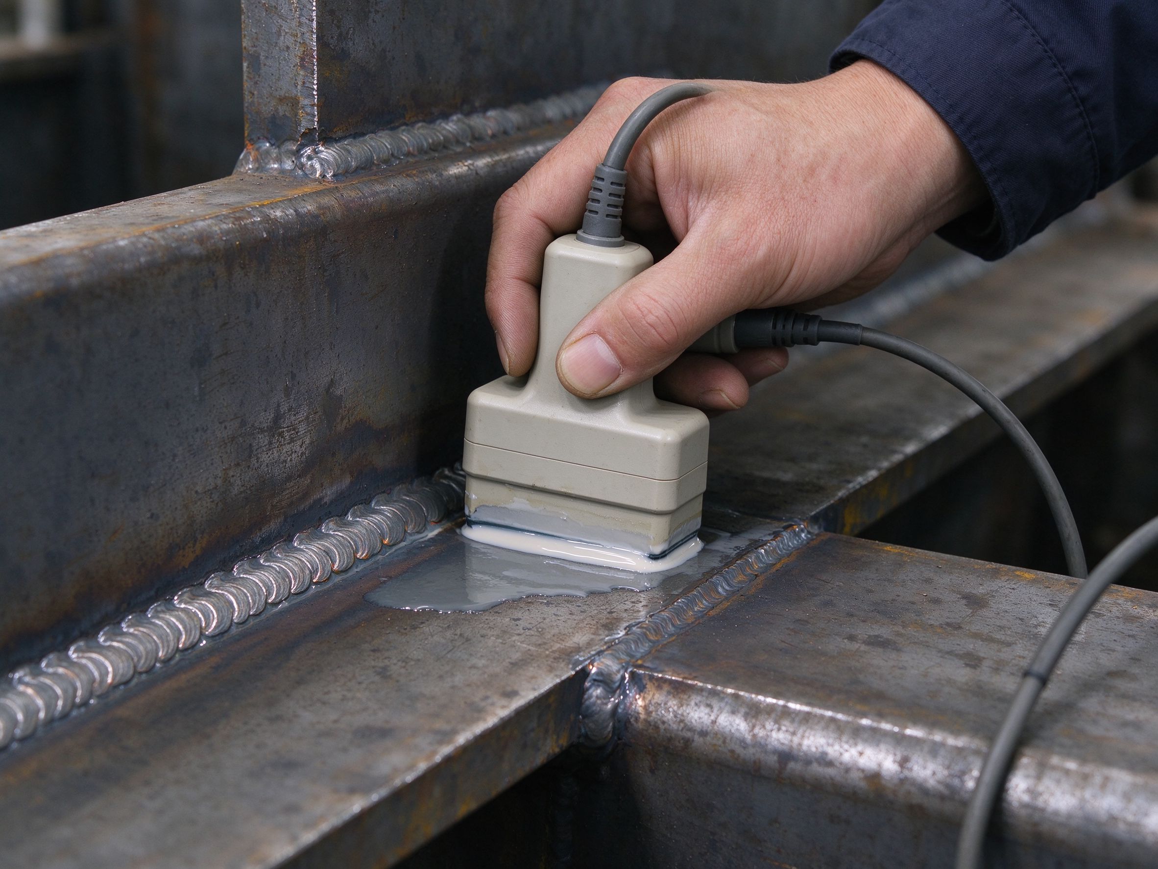 UT probe scanning a steel weld with couplant (illustrative concept image)