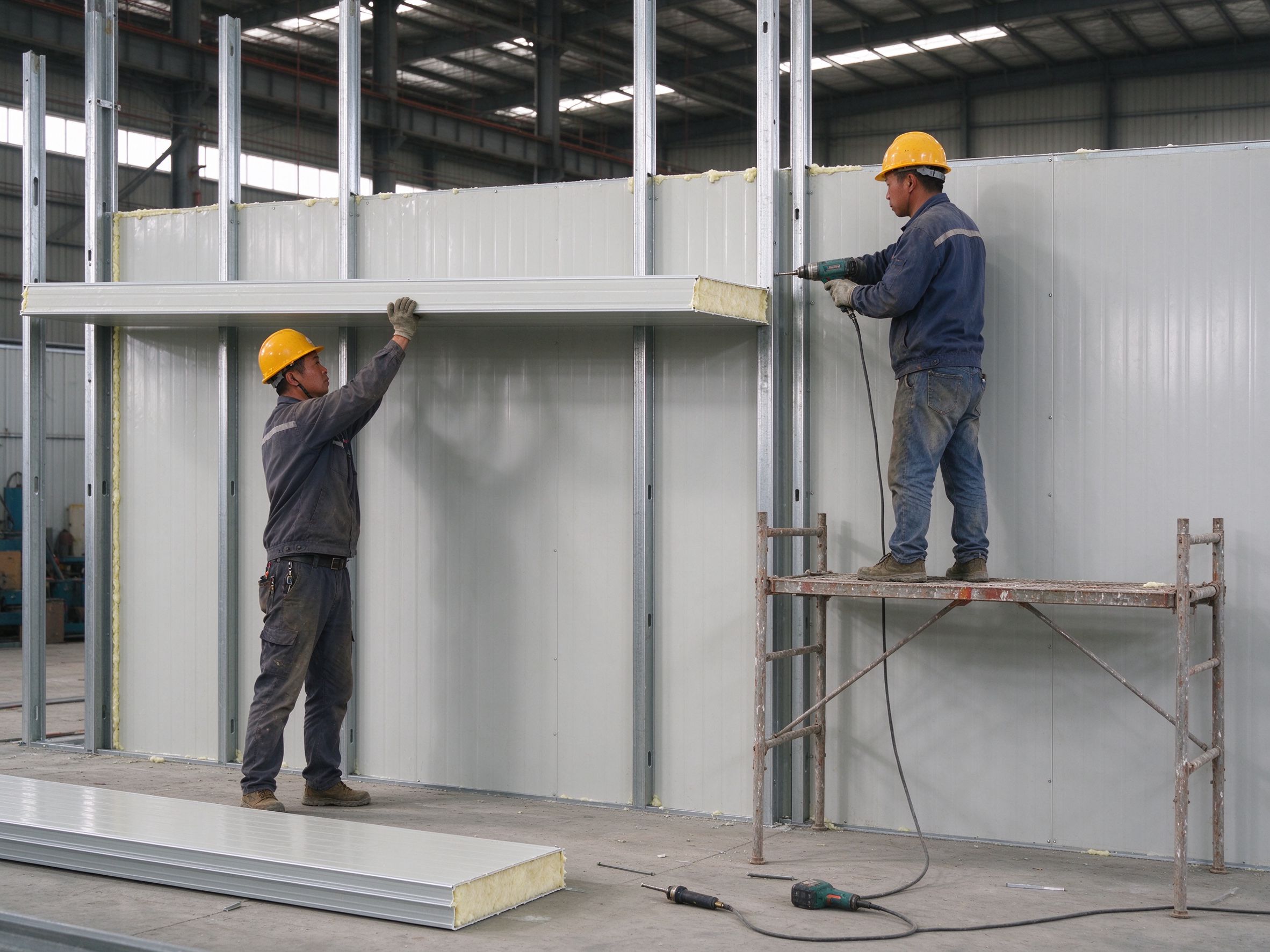 Workers installing sandwich panel partition walls (illustrative concept image)
