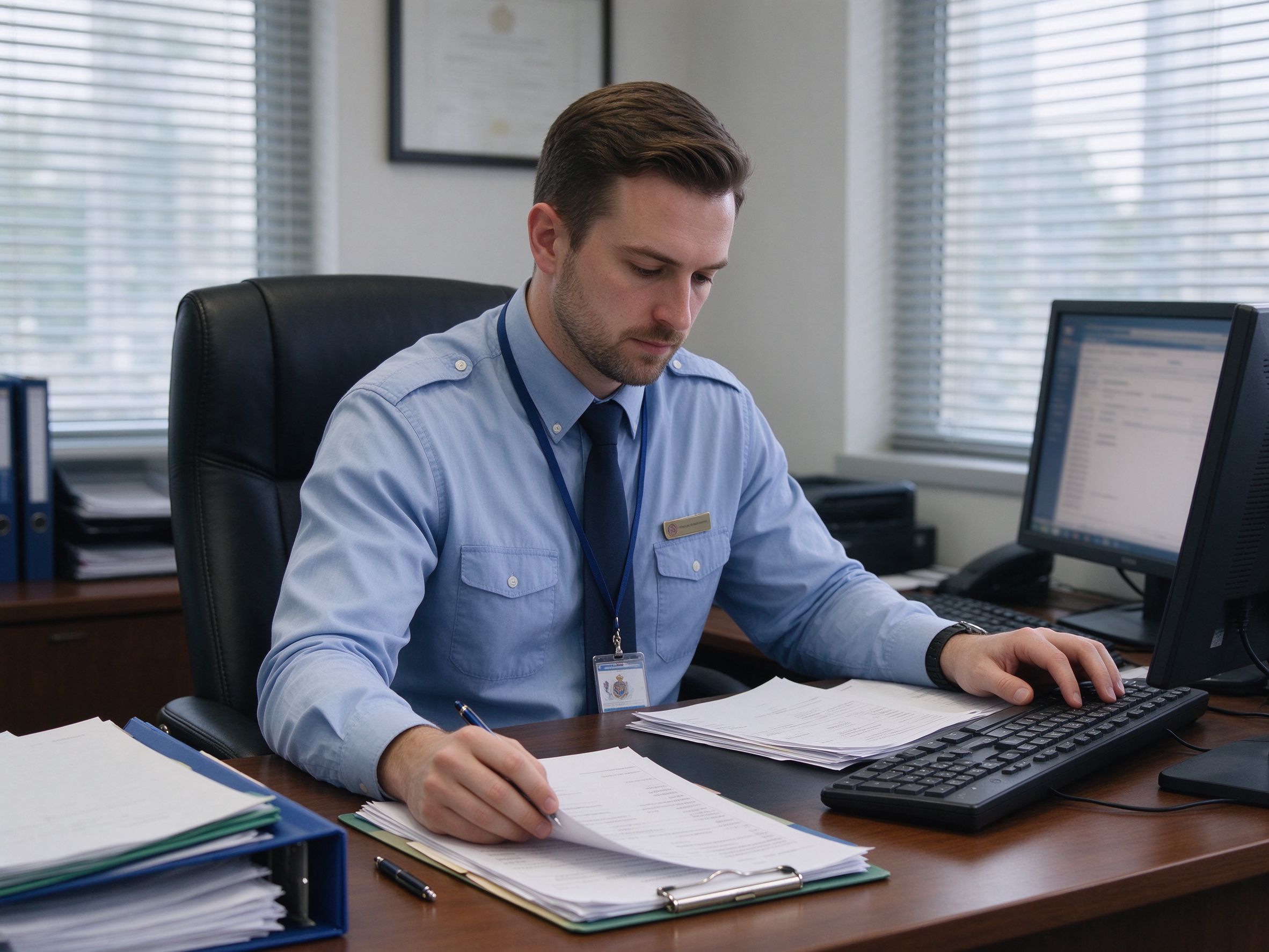 A clearance agent working at a desk with documents and a computer, screen and document text not readable, representing pre-arrival clearance preparation (illustrative concept image)