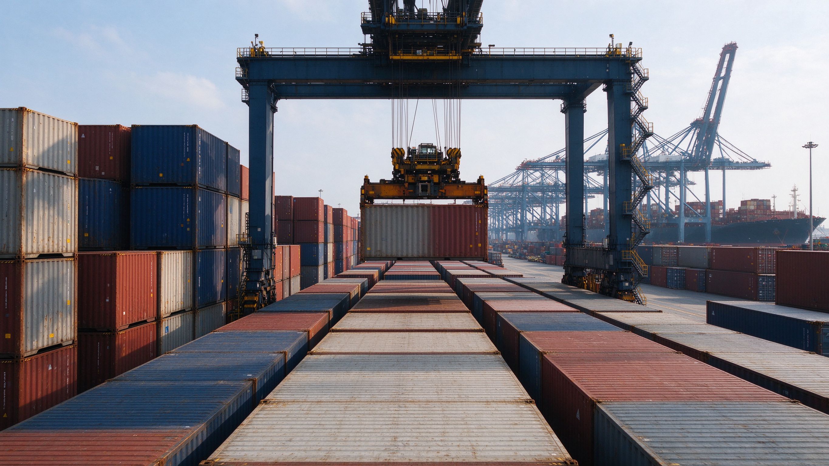 Container terminal yard with stacked containers and a gantry crane, representing cargo arriving at the destination port (illustrative concept image)