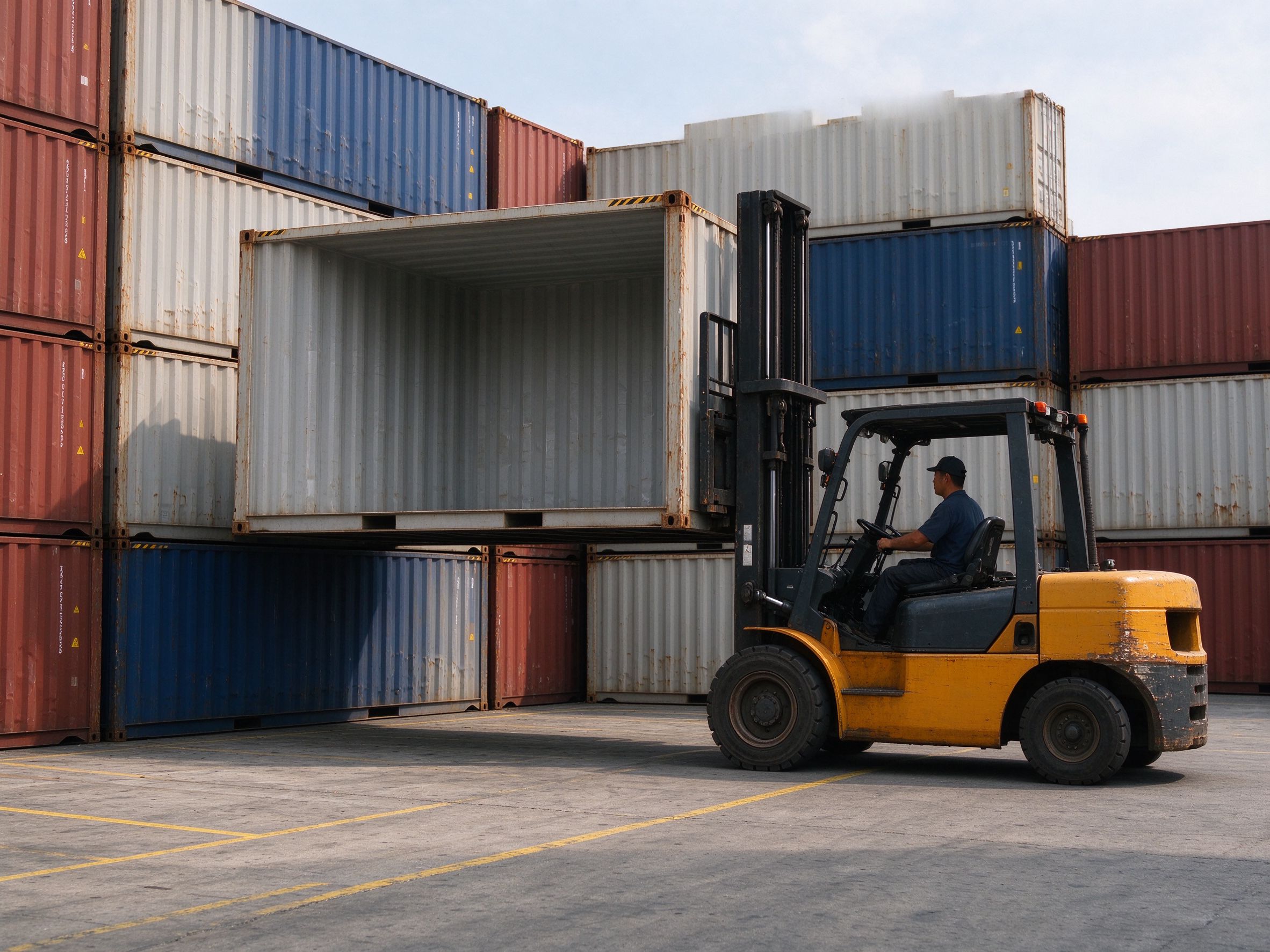 A forklift handling empty containers in a depot, representing prompt empty container return (illustrative concept image)